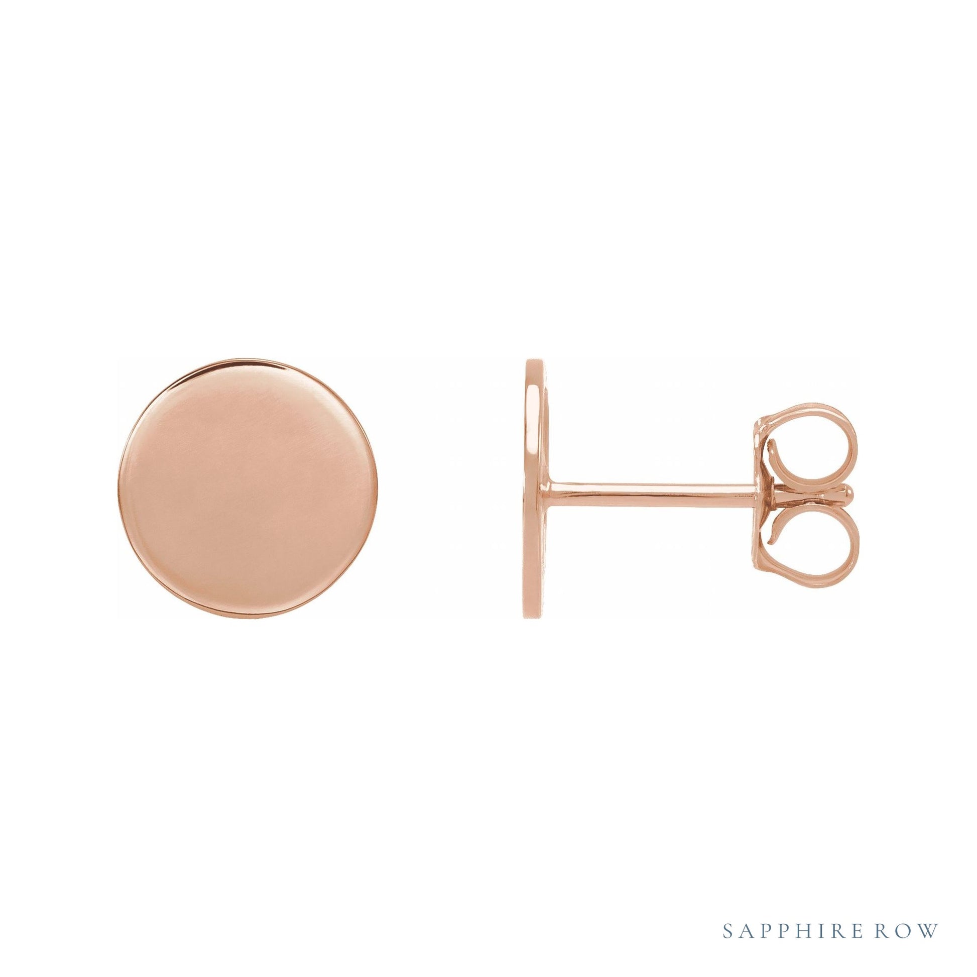 Sapphire Row Engravable Gold Disc Stud Earrings - 14K Rose Gold, 8 mm