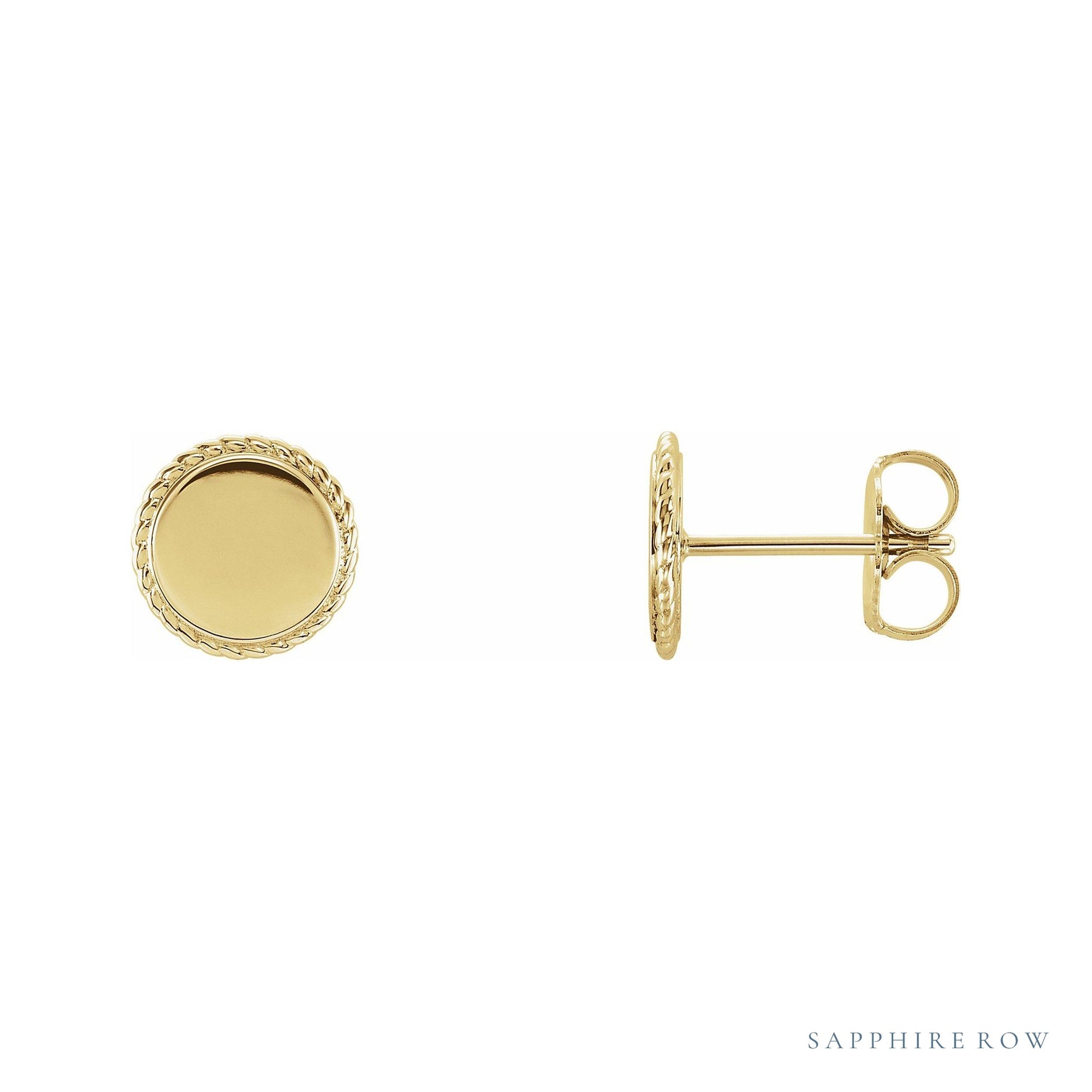 Sapphire Row Engravable Gold Rope Disc Stud Earrings - 14K Yellow Gold