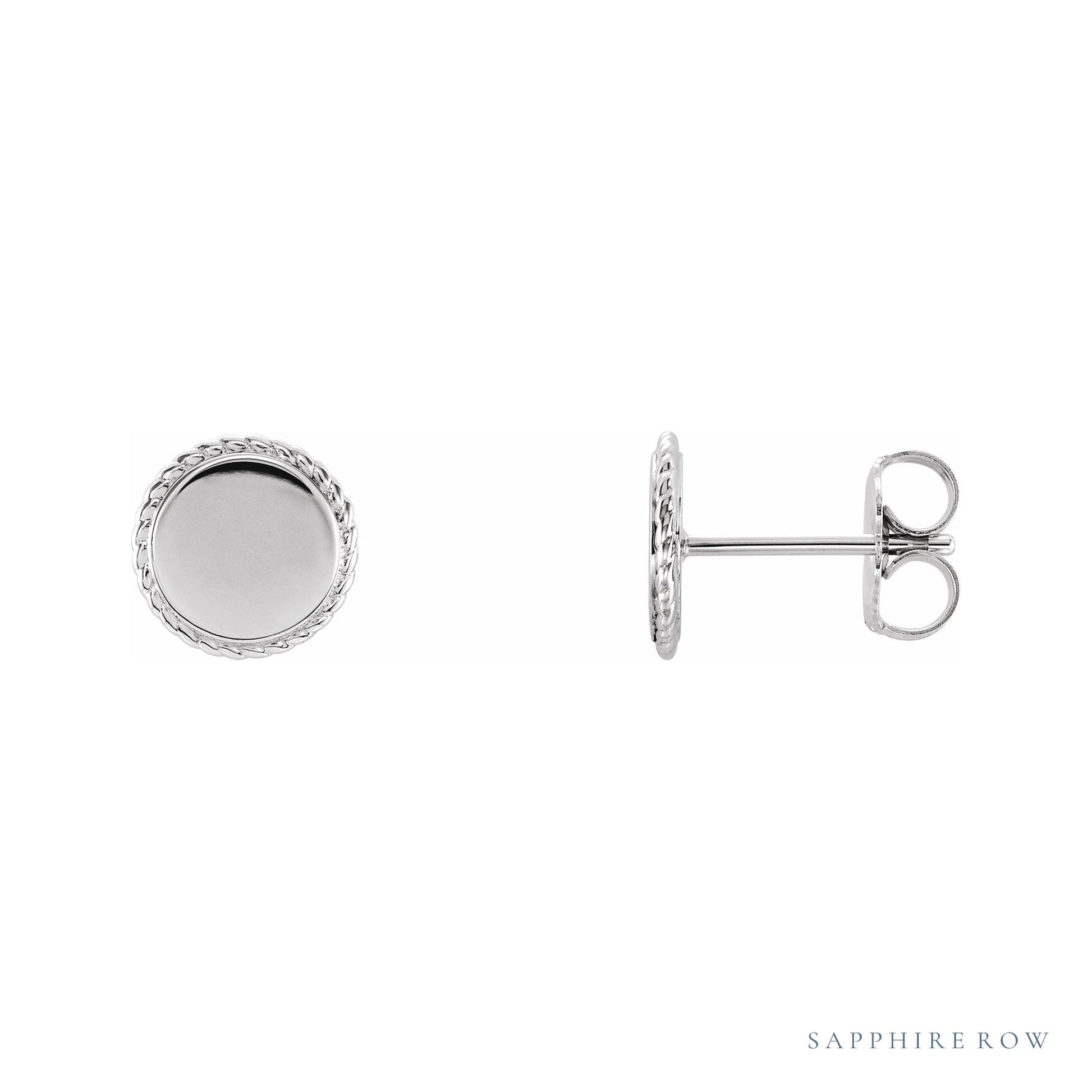 Sapphire Row Engravable Gold Rope Disc Stud Earrings - 14K White Gold
