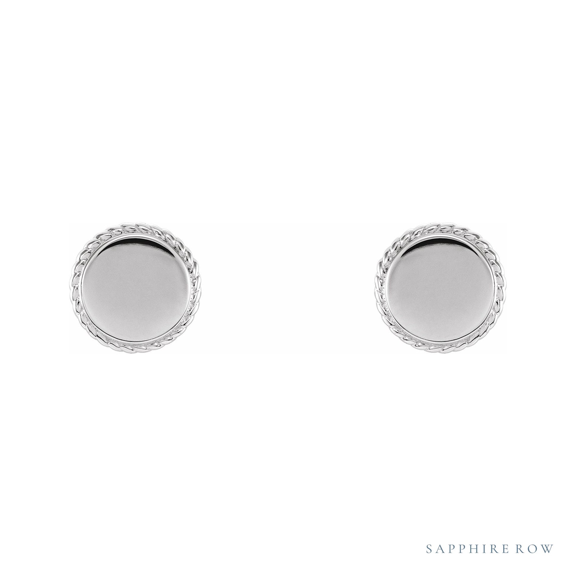 Sapphire Row Engravable Gold Rope Disc Stud Earrings - 14K White Gold (view 2)