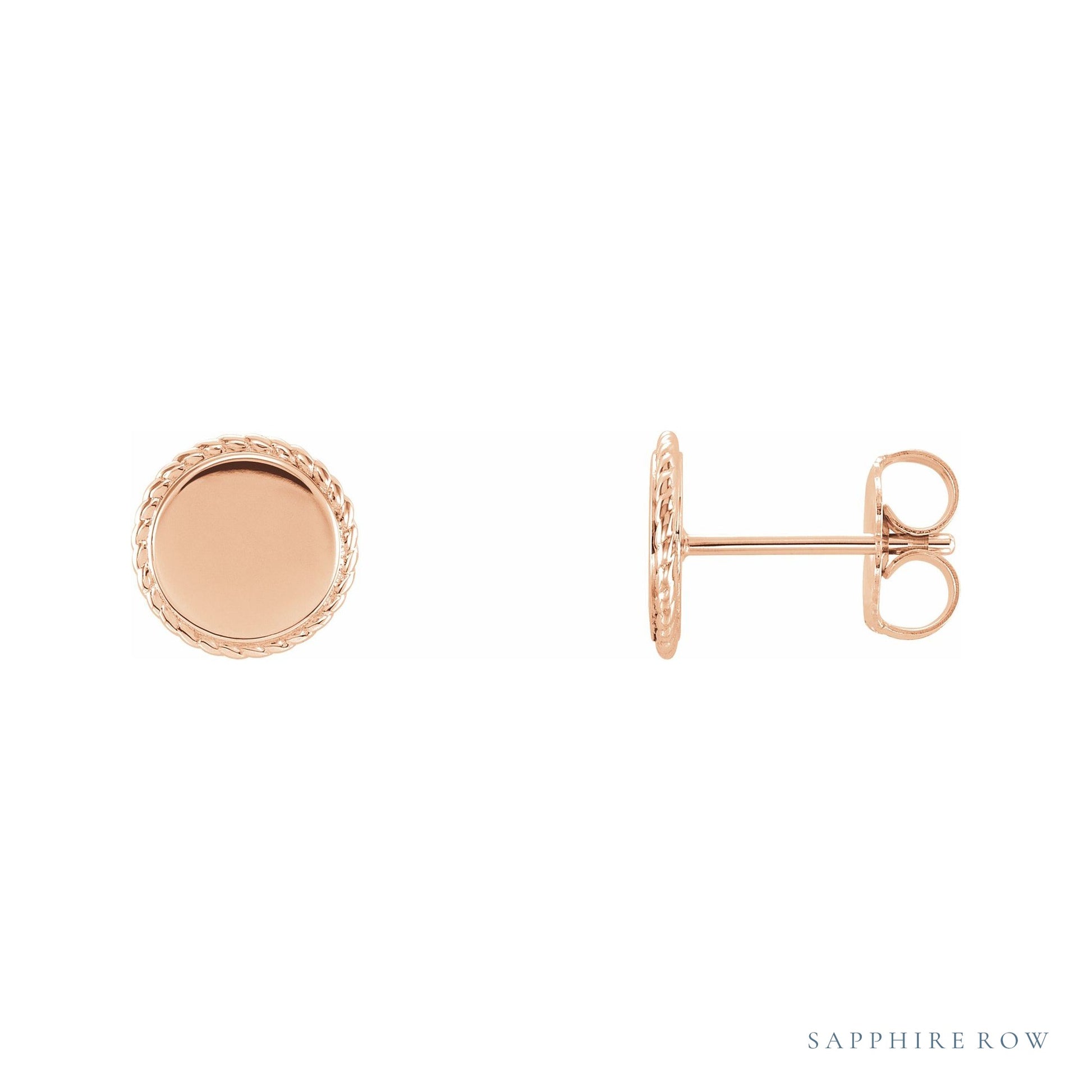 Sapphire Row Engravable Gold Rope Disc Stud Earrings - 14K Rose Gold