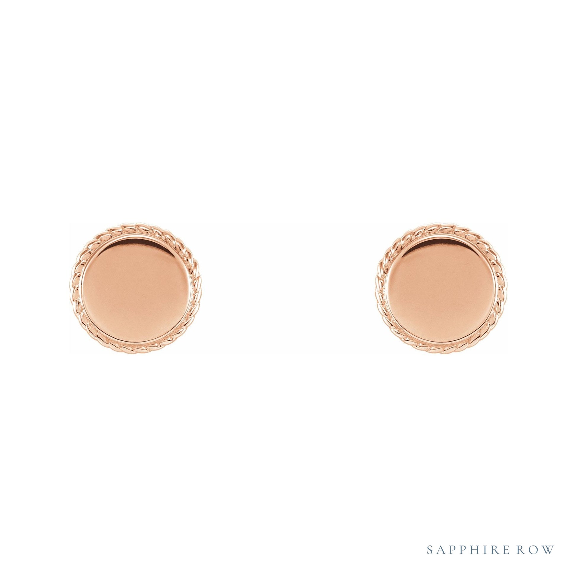 Sapphire Row Engravable Gold Rope Disc Stud Earrings - 14K Rose Gold (view 2)