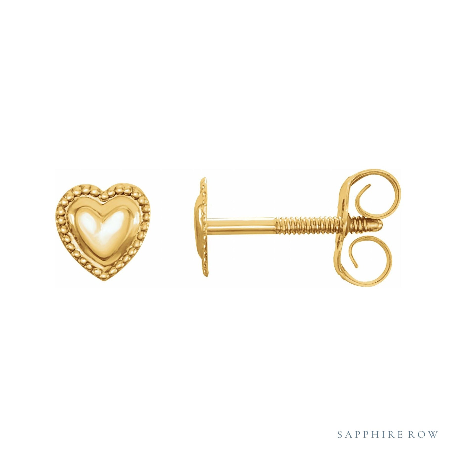 Sapphire Row Gold Beaded Heart Stud Earrings - 14K Yellow Gold