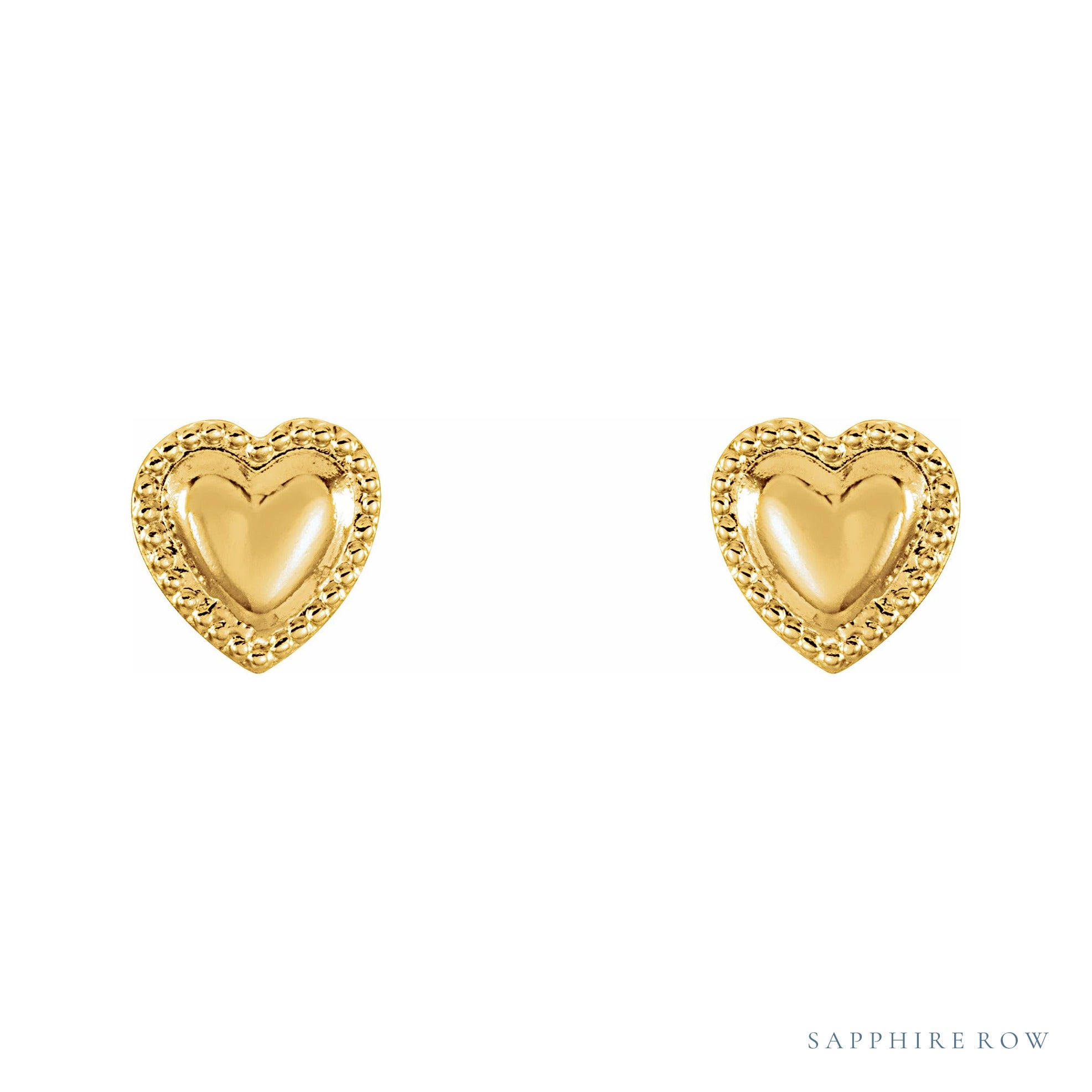 Sapphire Row Gold Beaded Heart Stud Earrings - 14K Yellow Gold (view 2)