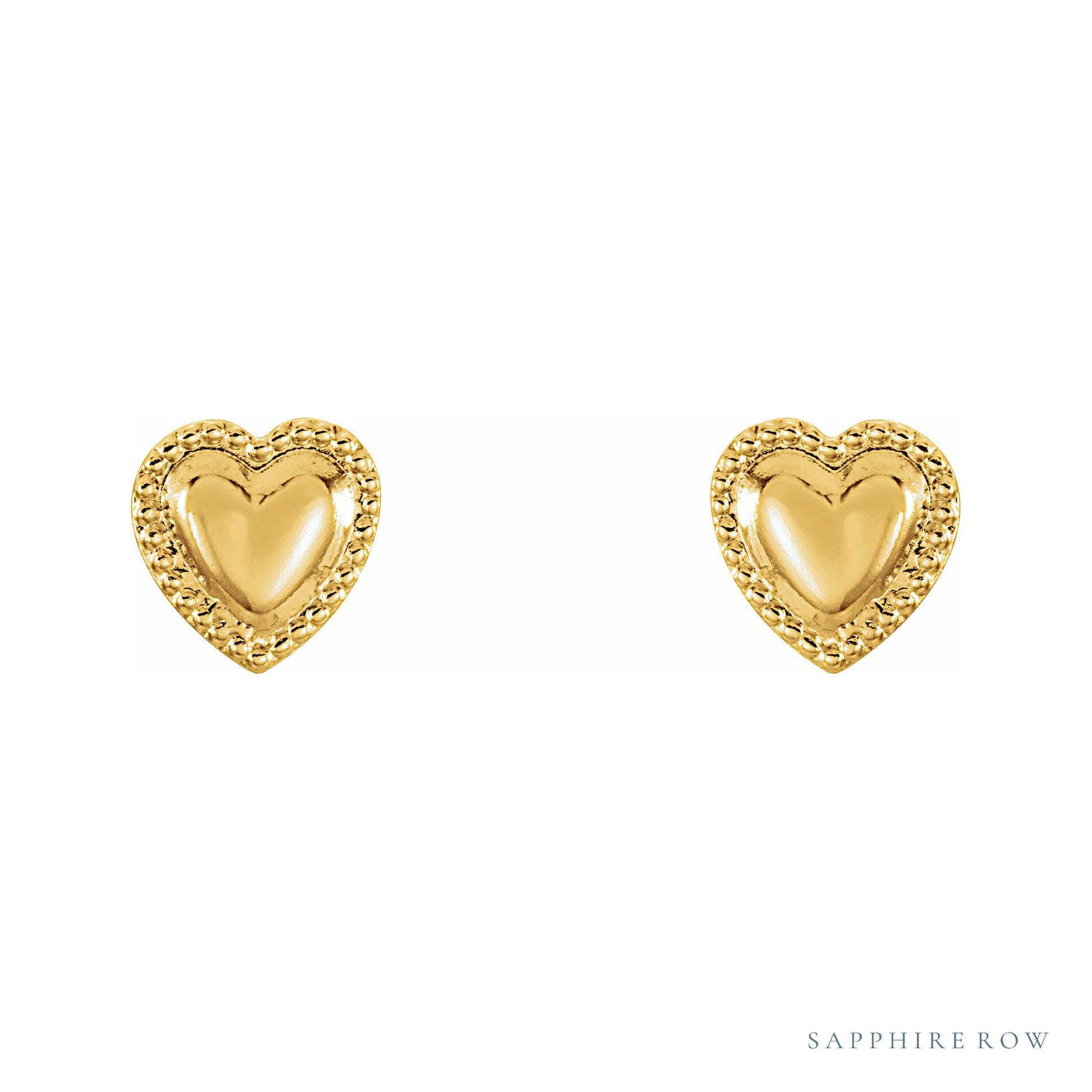 Sapphire Row Gold Beaded Heart Stud Earrings - 14K Yellow Gold (view 2)