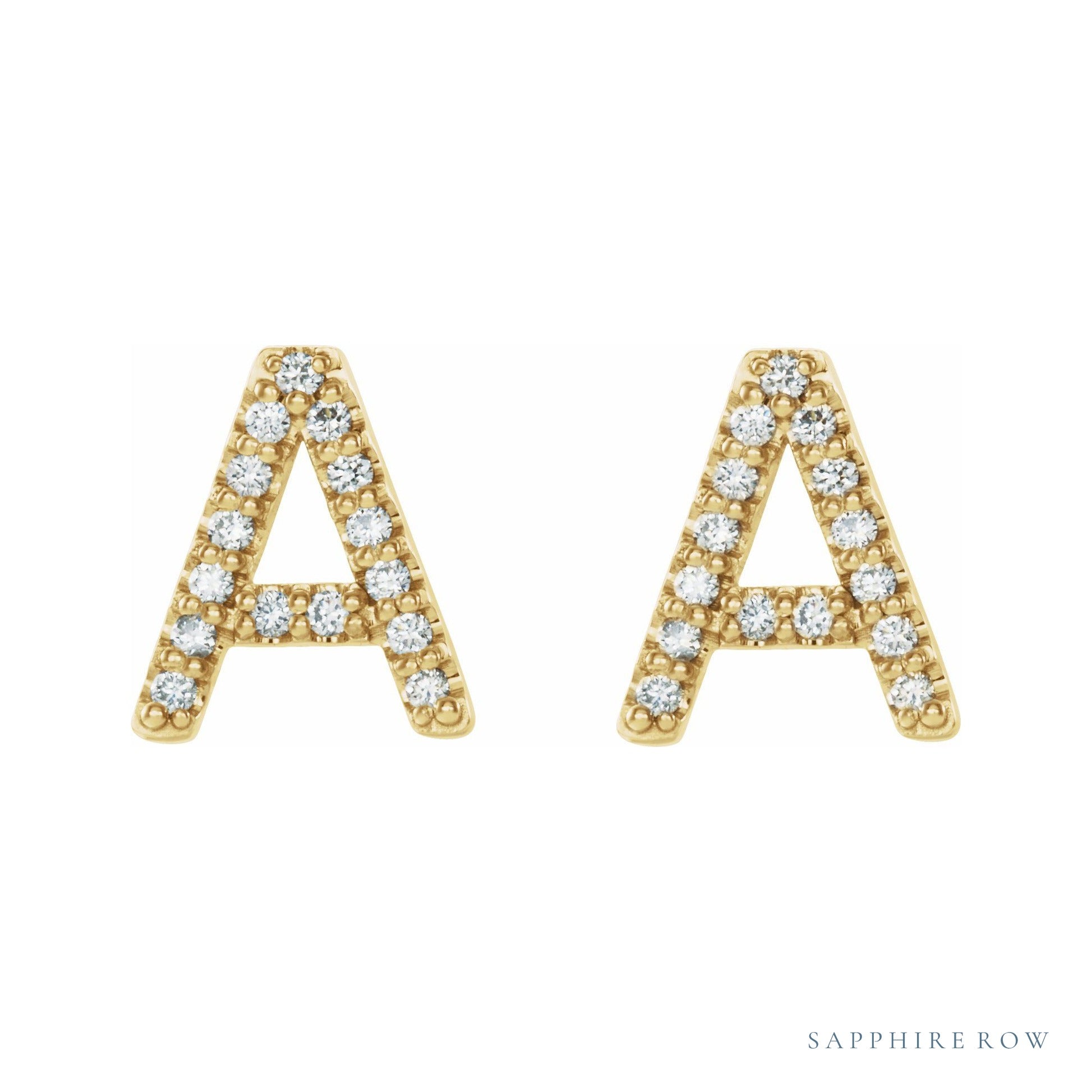Sapphire Row Natural Diamond Pavé Initial Stud Earrings - A, 14K Yellow Gold (view 2)