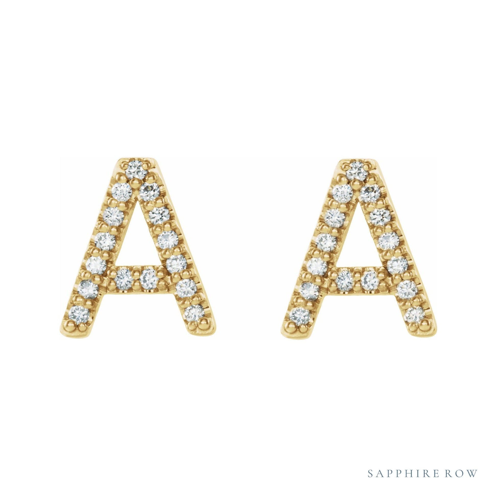 Sapphire Row Natural Diamond Pavé Initial Stud Earrings - A, 14K Yellow Gold (view 2)