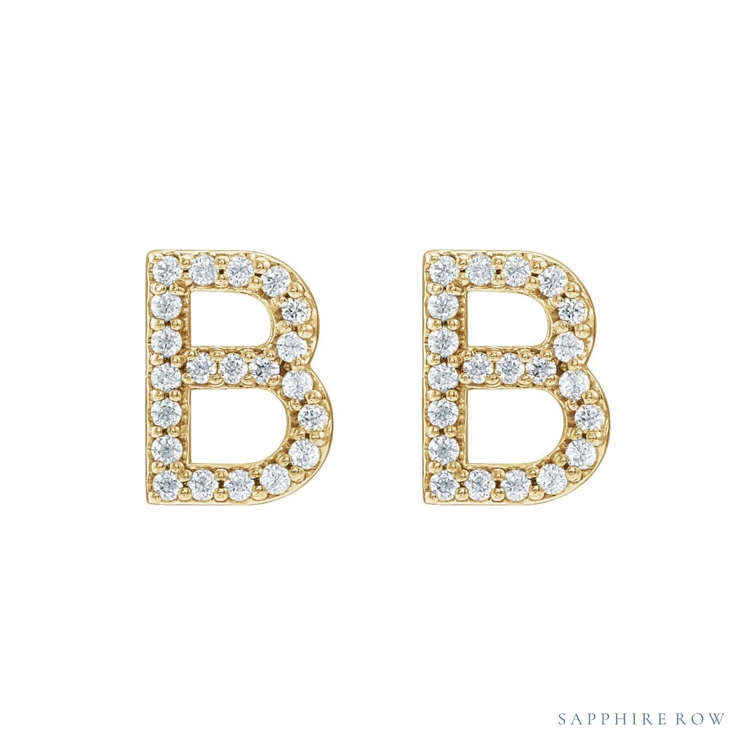 Sapphire Row Natural Diamond Pavé Initial Stud Earrings - B, 14K Yellow Gold (view 2)