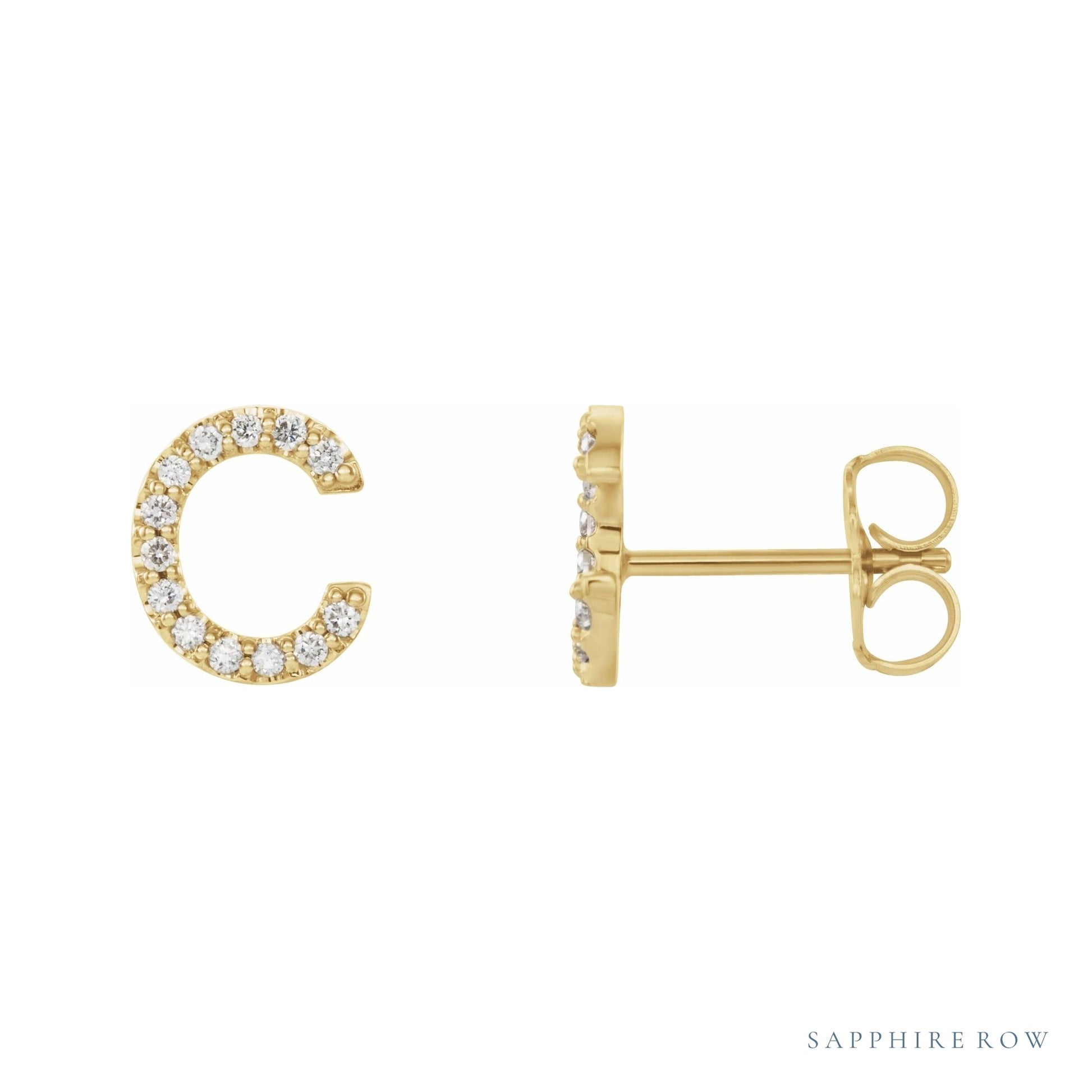 Sapphire Row Natural Diamond Pavé Initial Stud Earrings - C, 14K Yellow Gold