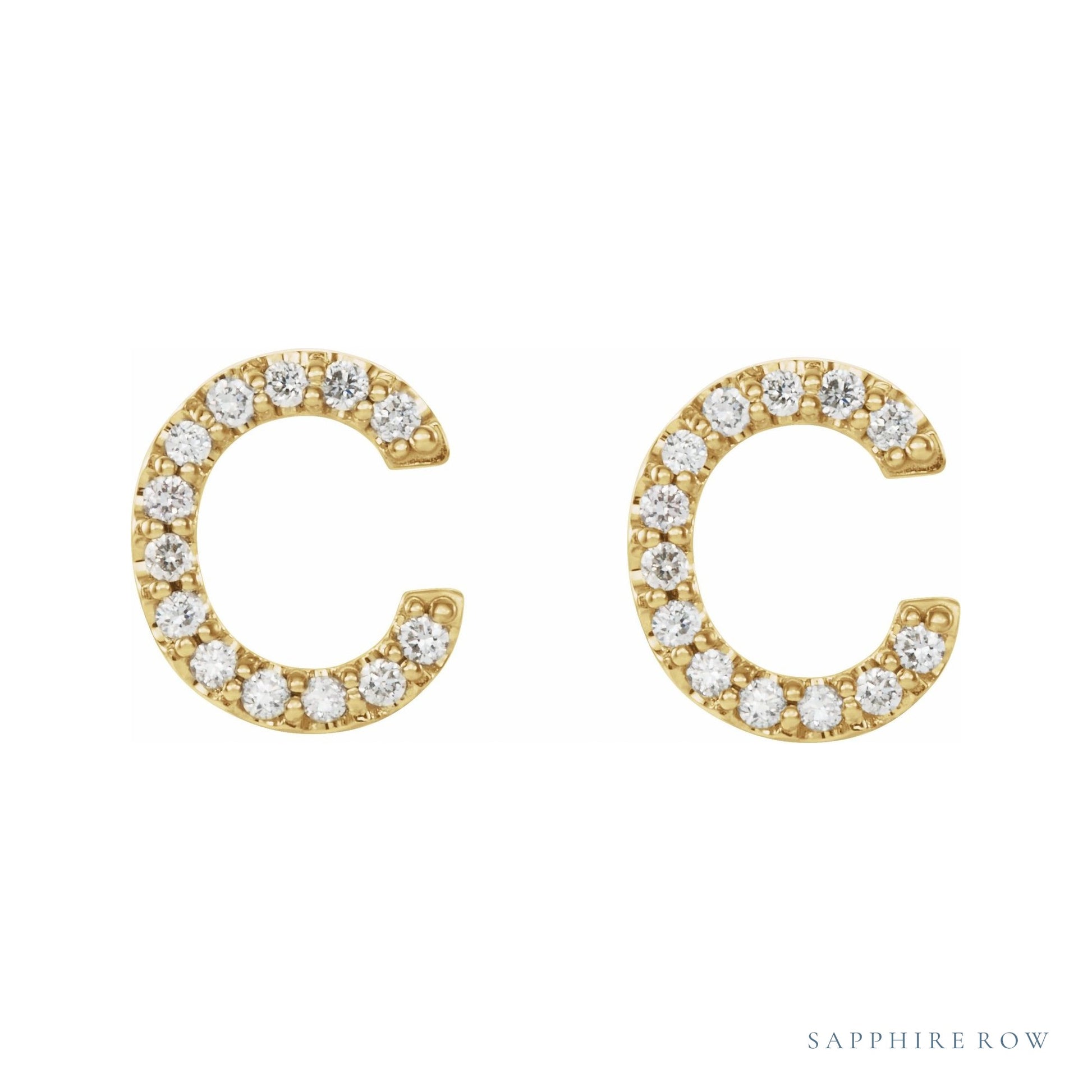 Sapphire Row Natural Diamond Pavé Initial Stud Earrings - C, 14K Yellow Gold (view 2)