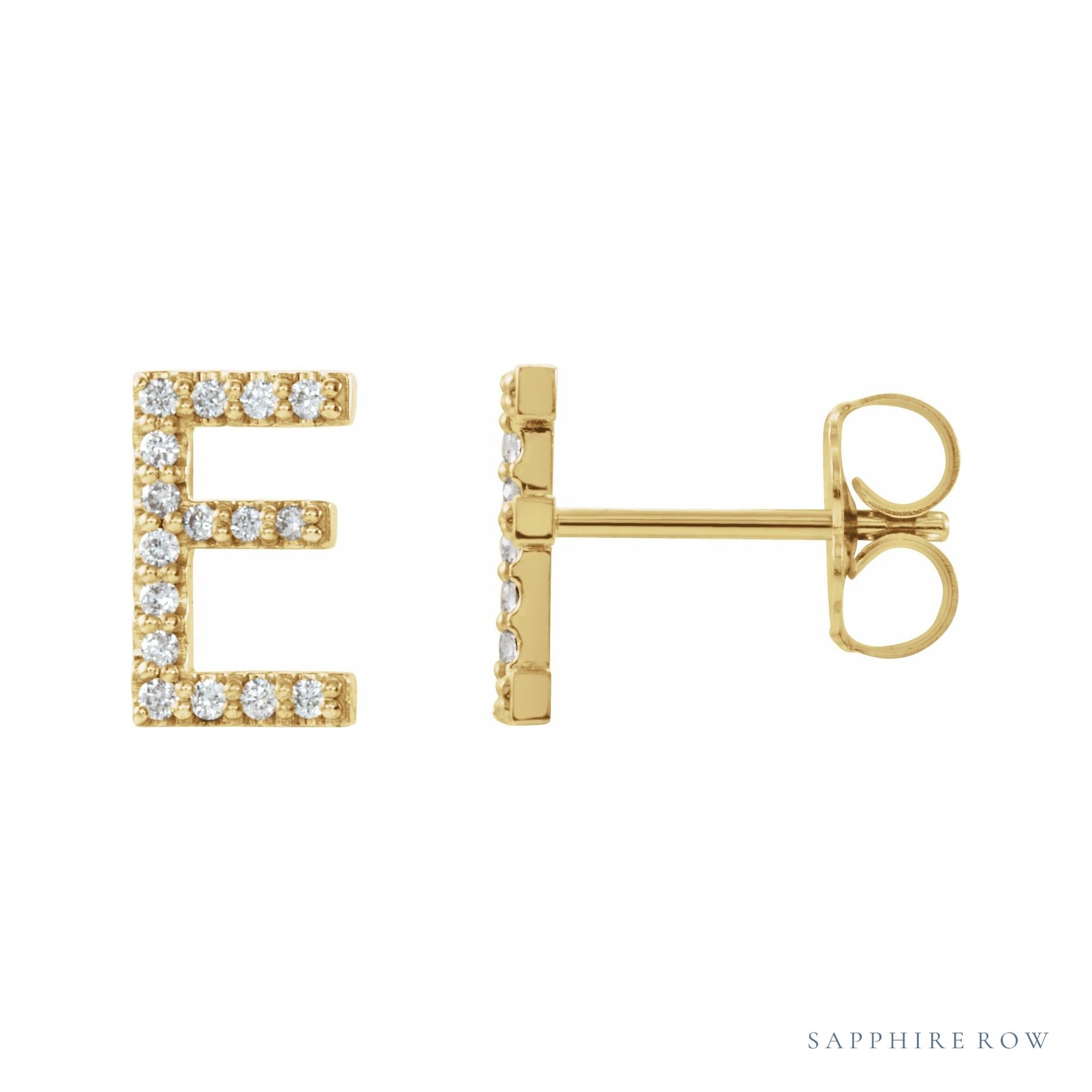 Sapphire Row Natural Diamond Pavé Initial Stud Earrings - E, 14K Yellow Gold