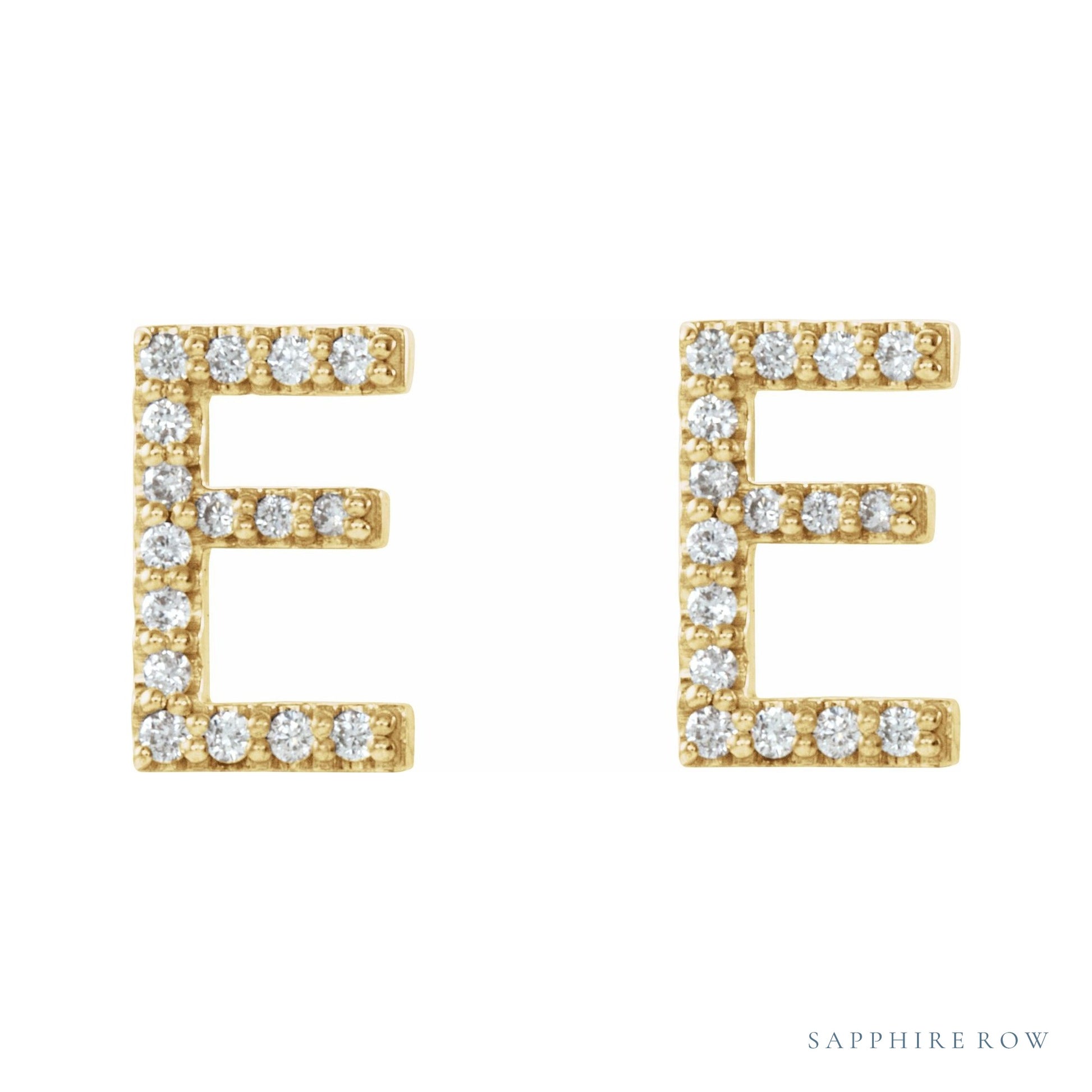 Sapphire Row Natural Diamond Pavé Initial Stud Earrings - E, 14K Yellow Gold (view 2)