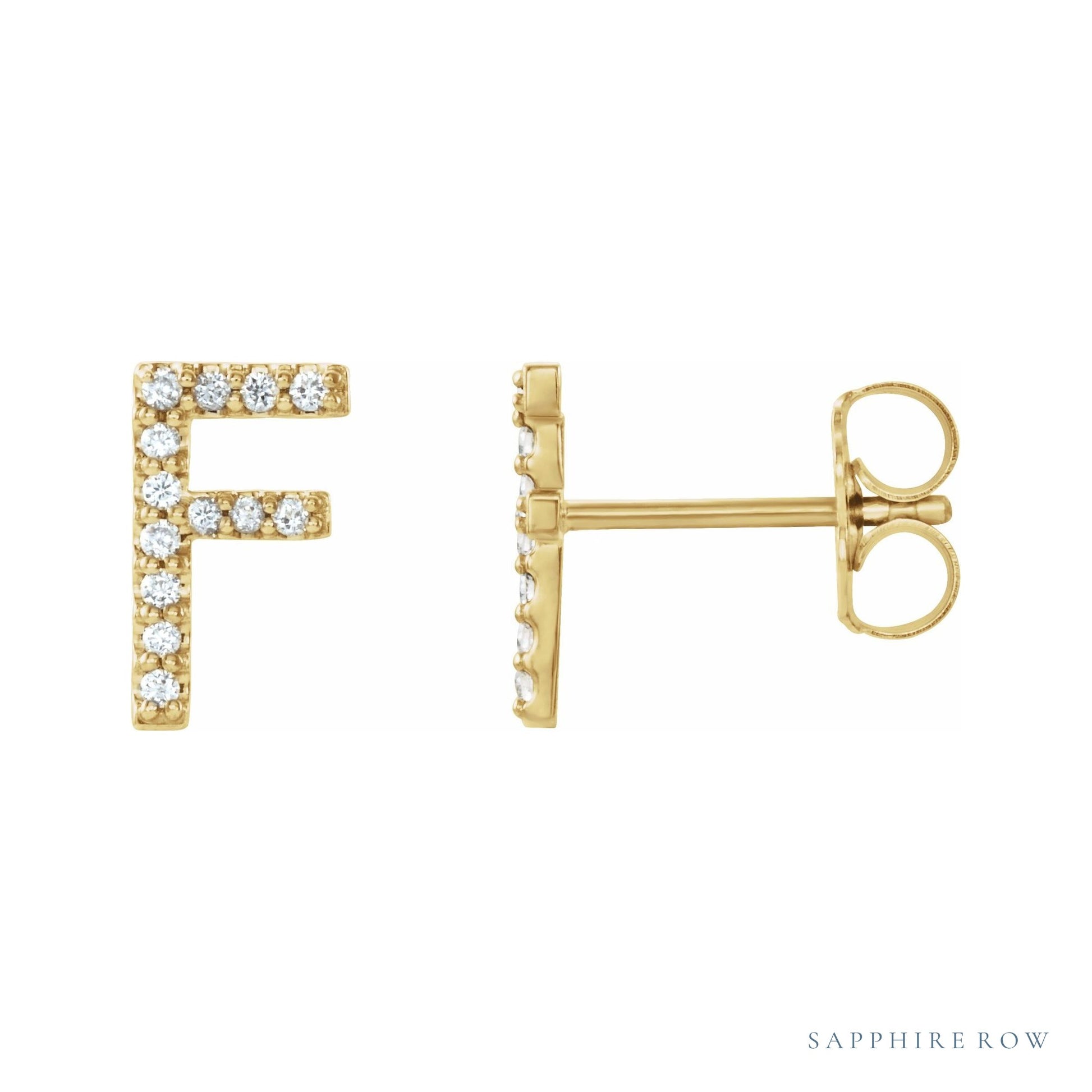 Sapphire Row Natural Diamond Pavé Initial Stud Earrings - F, 14K Yellow Gold