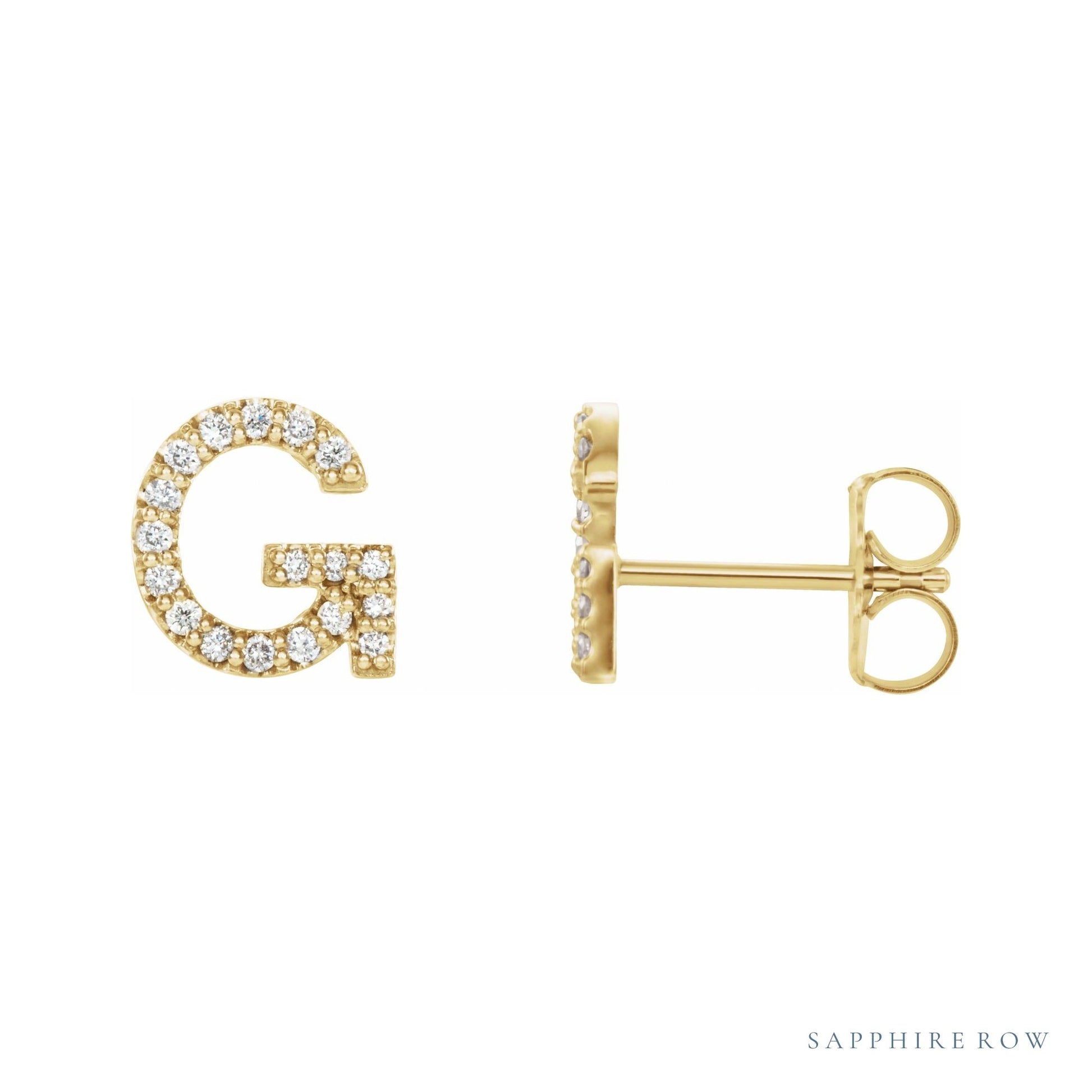 Sapphire Row Natural Diamond Pavé Initial Stud Earrings - G, 14K Yellow Gold