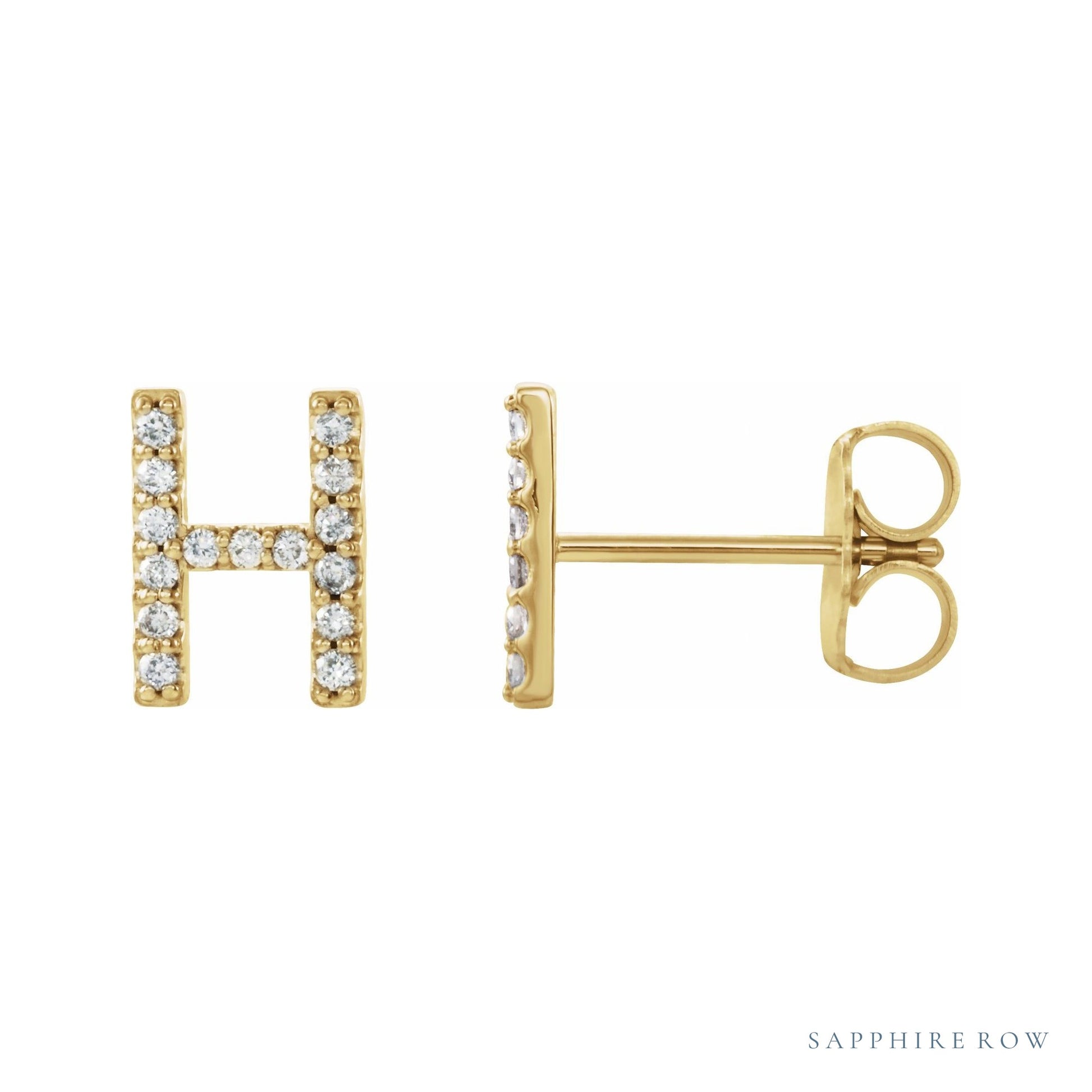 Sapphire Row Natural Diamond Pavé Initial Stud Earrings - H, 14K Yellow Gold