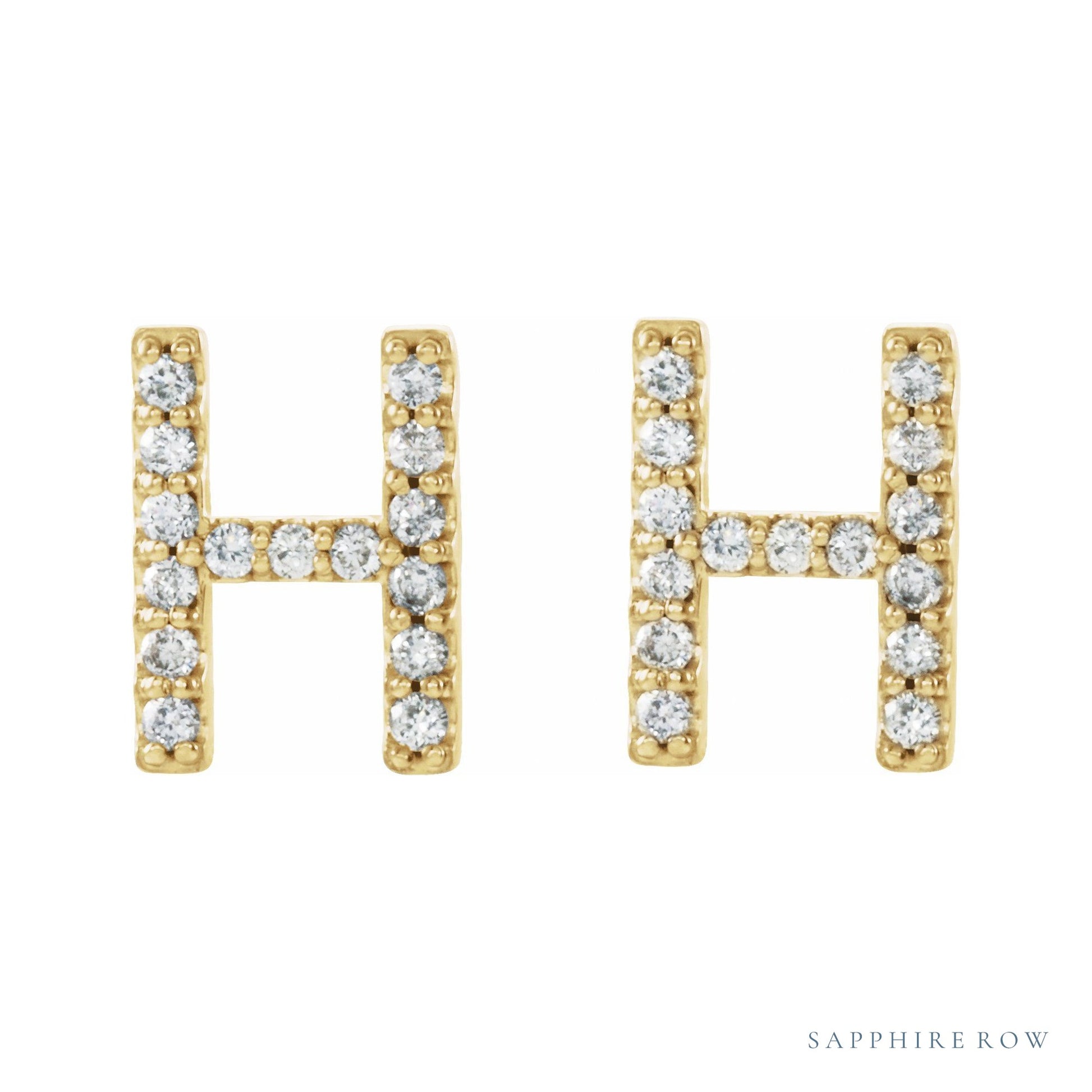 Sapphire Row Natural Diamond Pavé Initial Stud Earrings - H, 14K Yellow Gold (view 2)