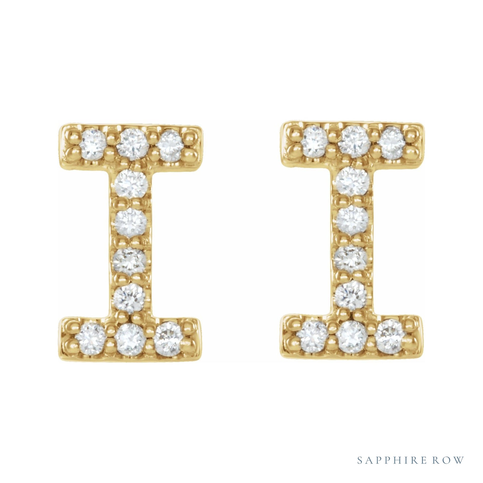 Sapphire Row Natural Diamond Pavé Initial Stud Earrings - I, 14K Yellow Gold (view 2)
