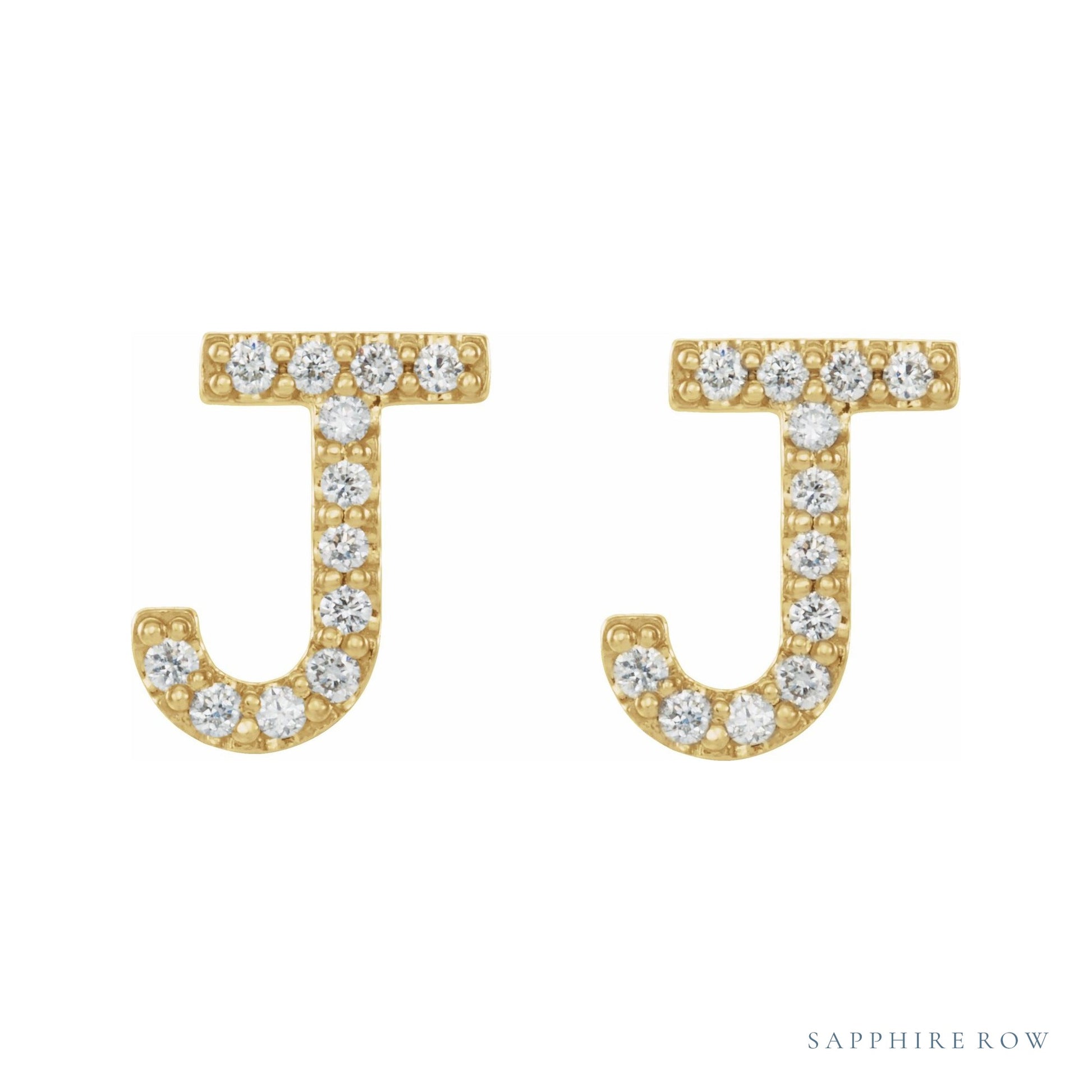 Sapphire Row Natural Diamond Pavé Initial Stud Earrings - J, 14K Yellow Gold (view 2)