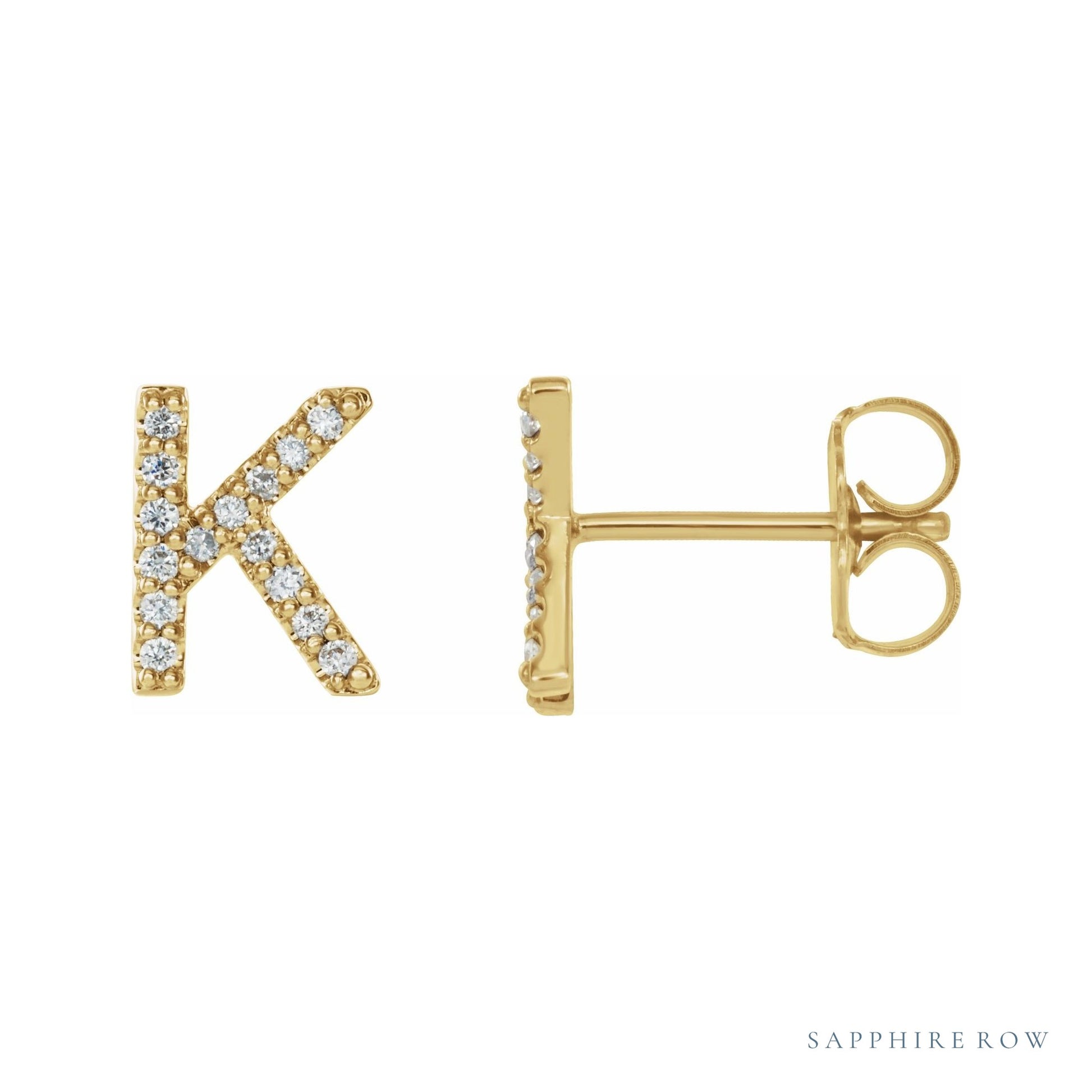 Sapphire Row Natural Diamond Pavé Initial Stud Earrings - K, 14K Yellow Gold