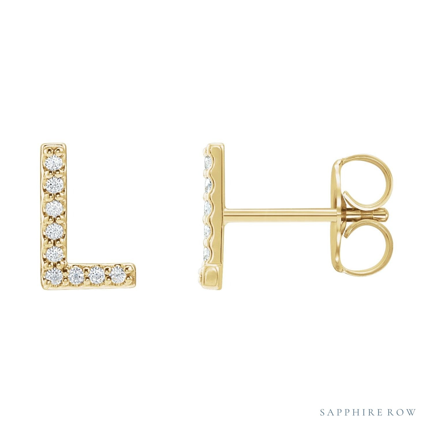 Sapphire Row Natural Diamond Pavé Initial Stud Earrings - L, 14K Yellow Gold