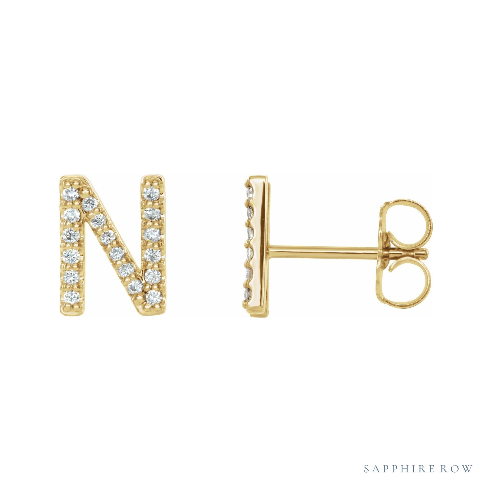 Sapphire Row Natural Diamond Pavé Initial Stud Earrings - N, 14K Yellow Gold