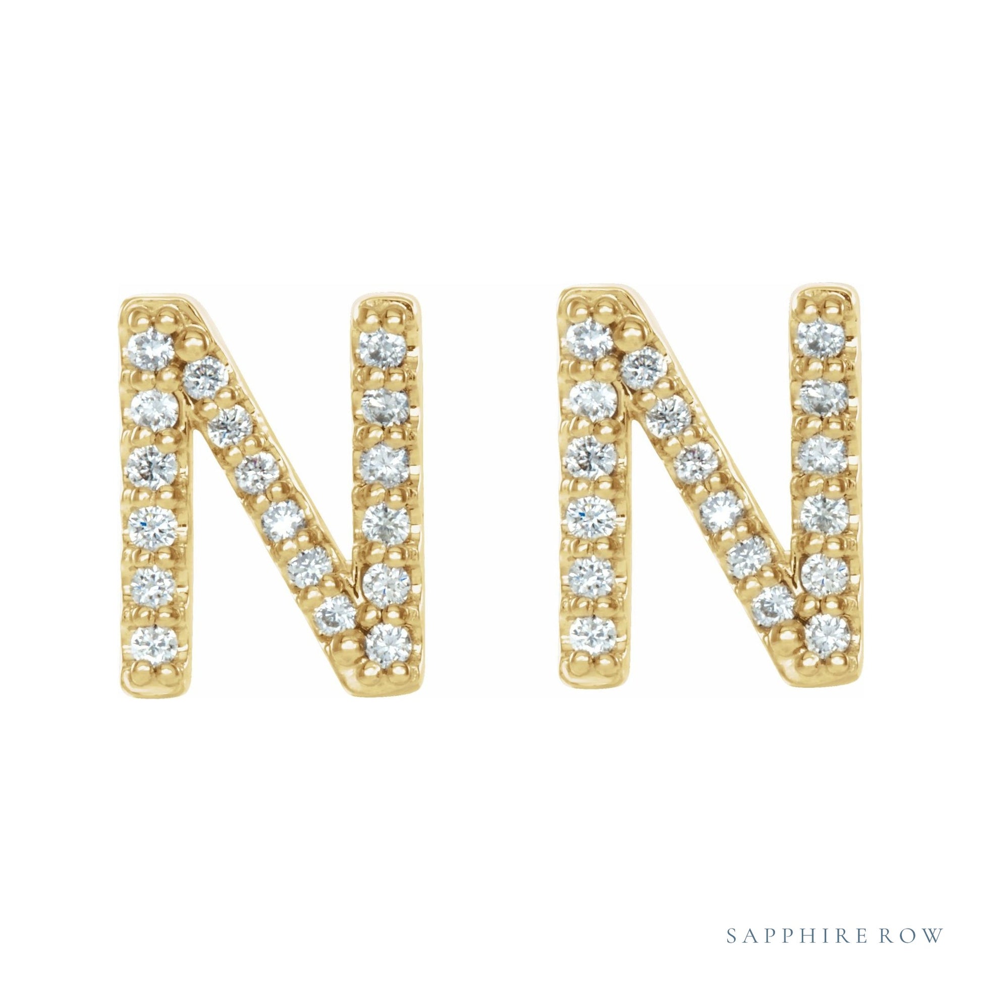 Sapphire Row Natural Diamond Pavé Initial Stud Earrings - N, 14K Yellow Gold (view 2)