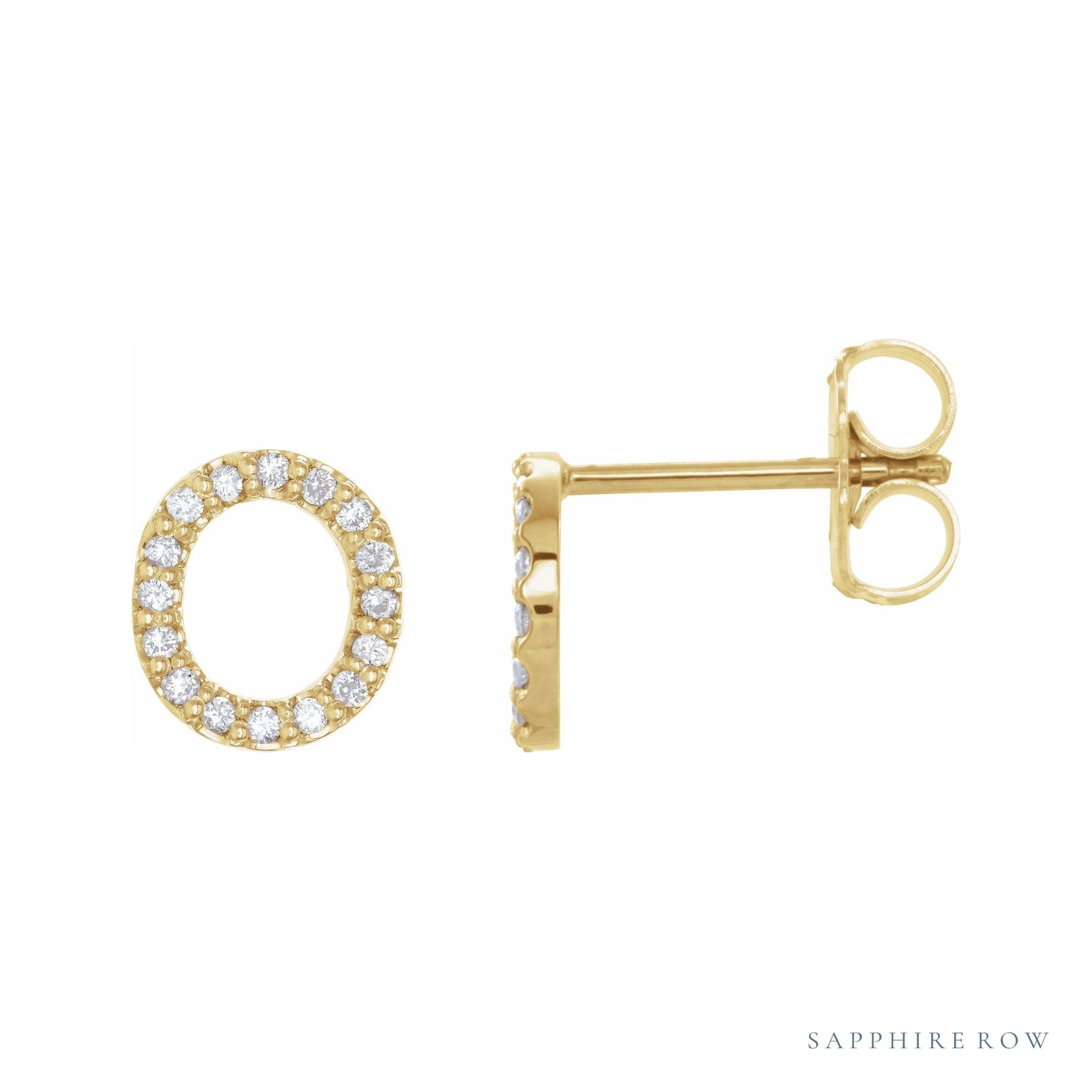 Sapphire Row Natural Diamond Pavé Initial Stud Earrings - O, 14K Yellow Gold