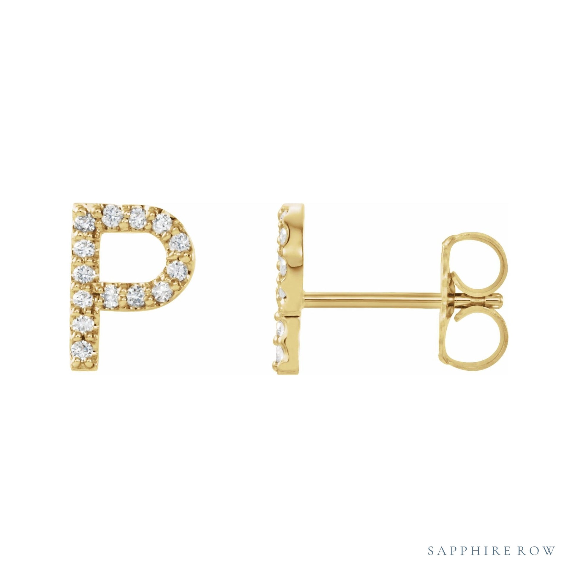 Sapphire Row Natural Diamond Pavé Initial Stud Earrings - P, 14K Yellow Gold