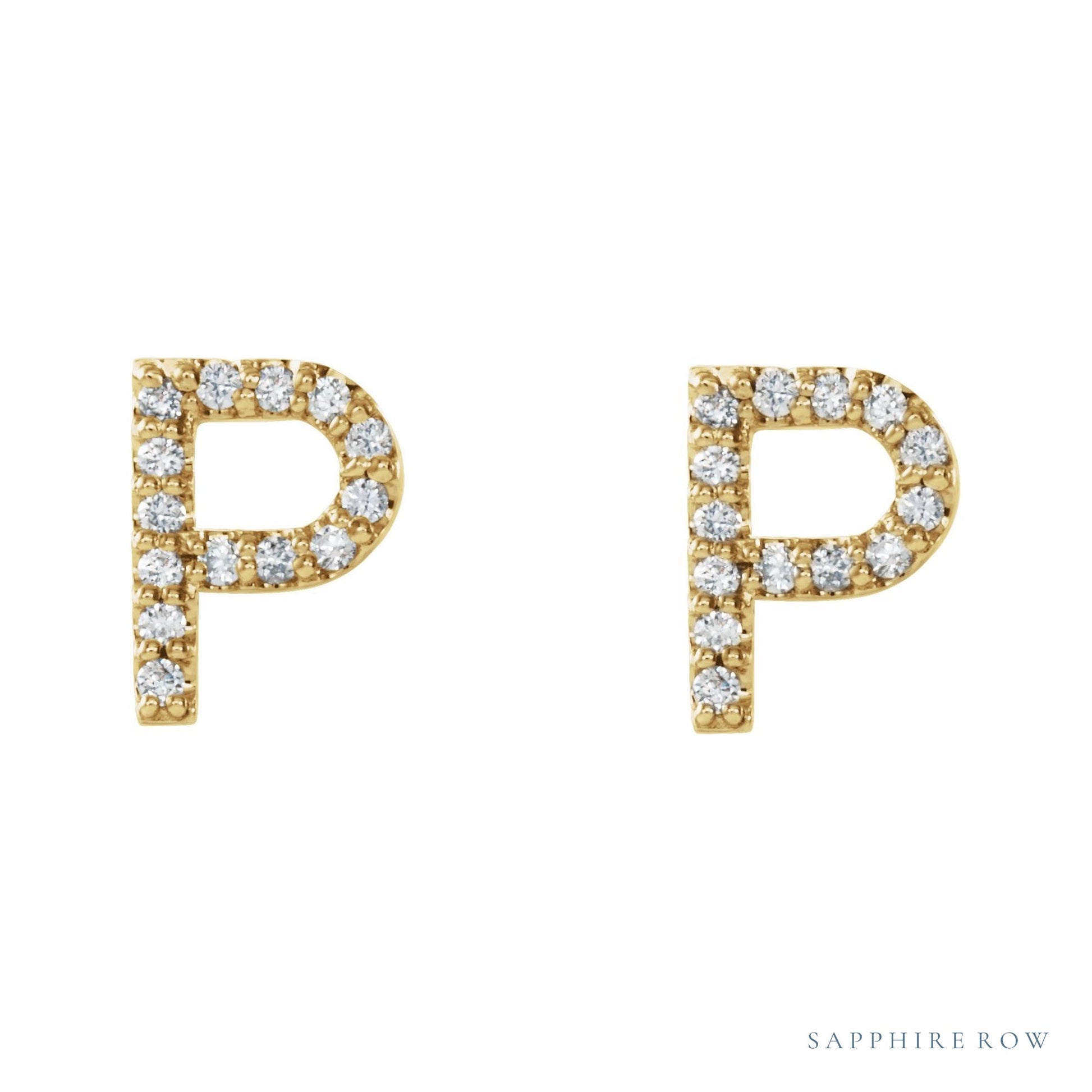 Sapphire Row Natural Diamond Pavé Initial Stud Earrings - P, 14K Yellow Gold (view 2)