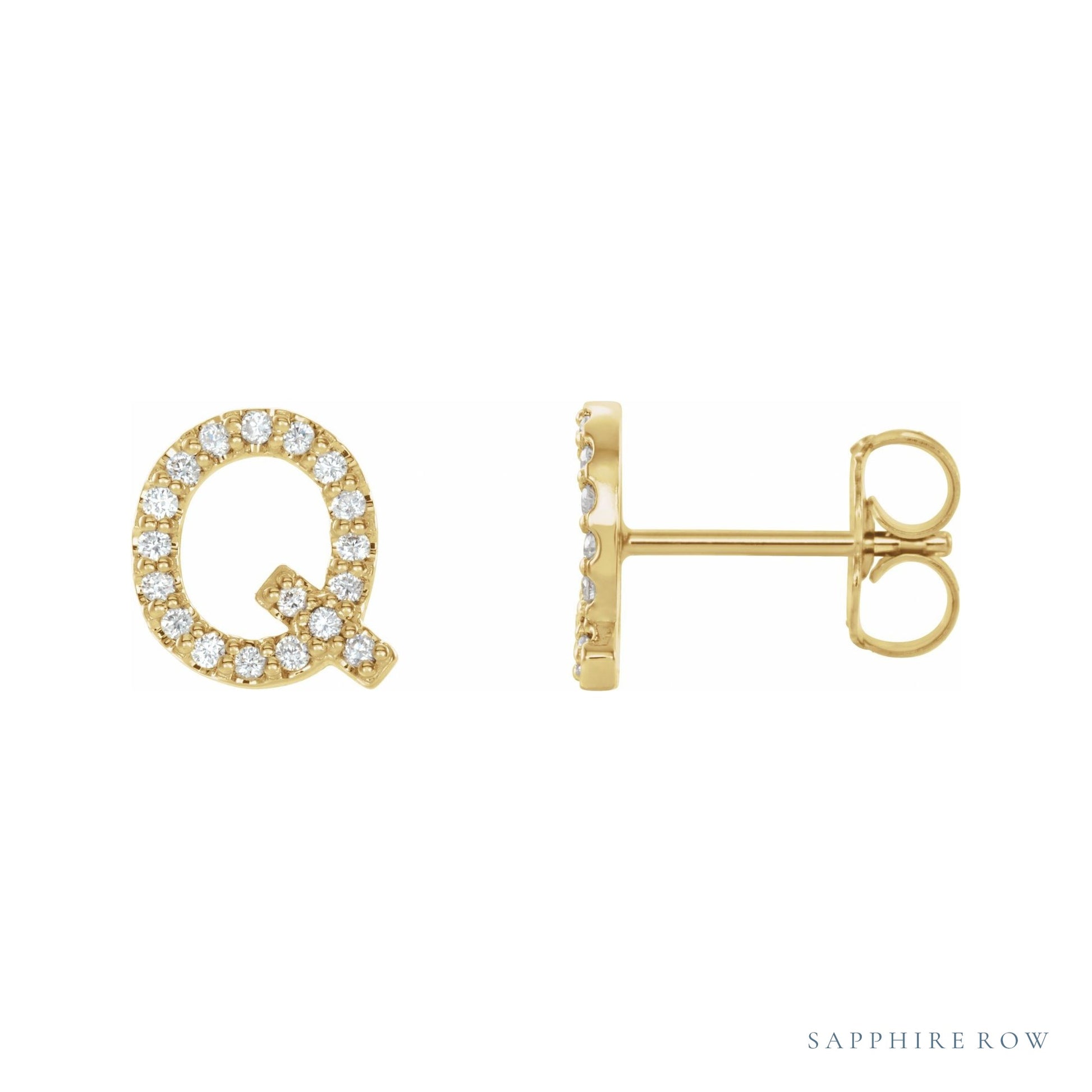 Sapphire Row Natural Diamond Pavé Initial Stud Earrings - Q, 14K Yellow Gold