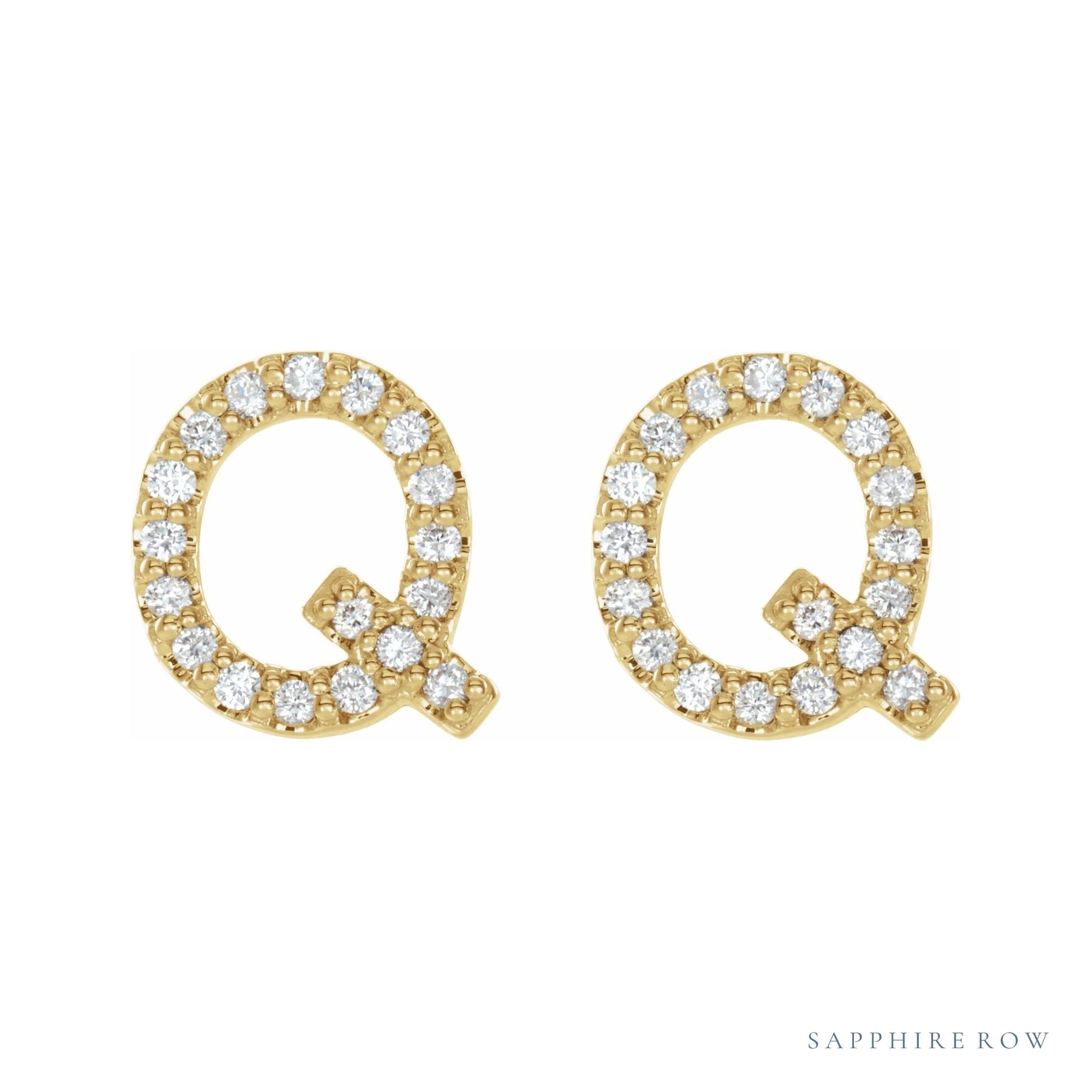 Sapphire Row Natural Diamond Pavé Initial Stud Earrings - Q, 14K Yellow Gold (view 2)