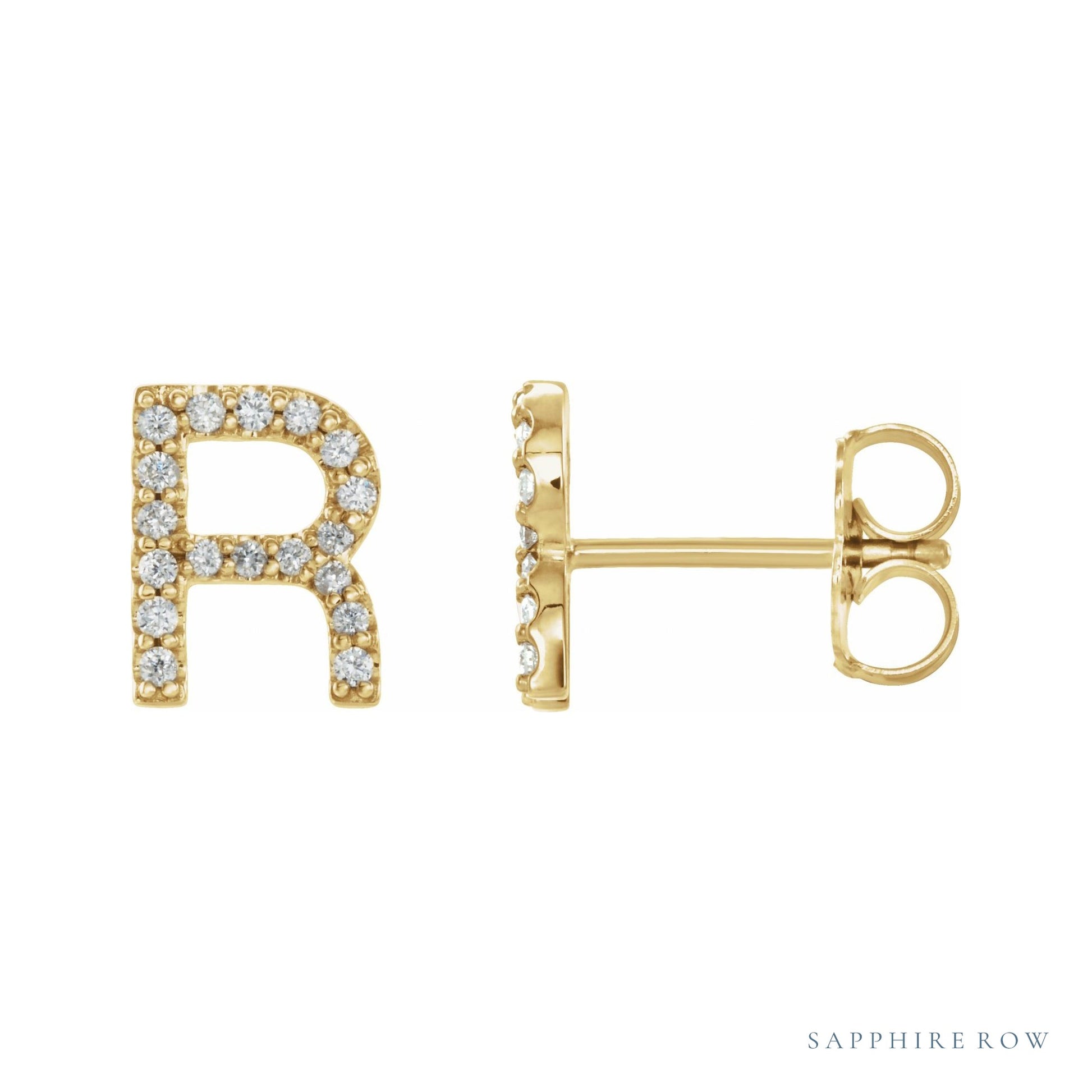 Sapphire Row Natural Diamond Pavé Initial Stud Earrings - R, 14K Yellow Gold