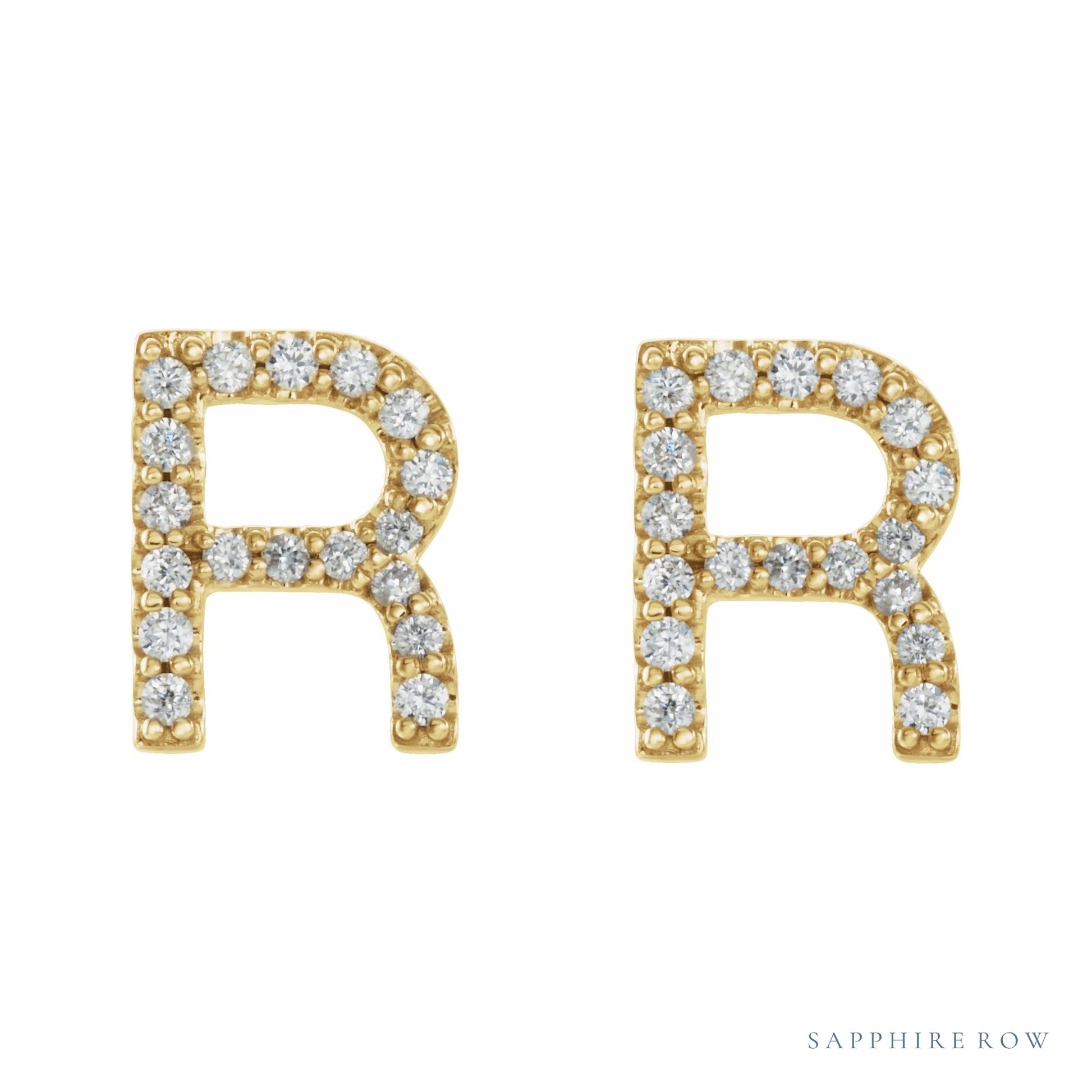 Sapphire Row Natural Diamond Pavé Initial Stud Earrings - R, 14K Yellow Gold (view 2)
