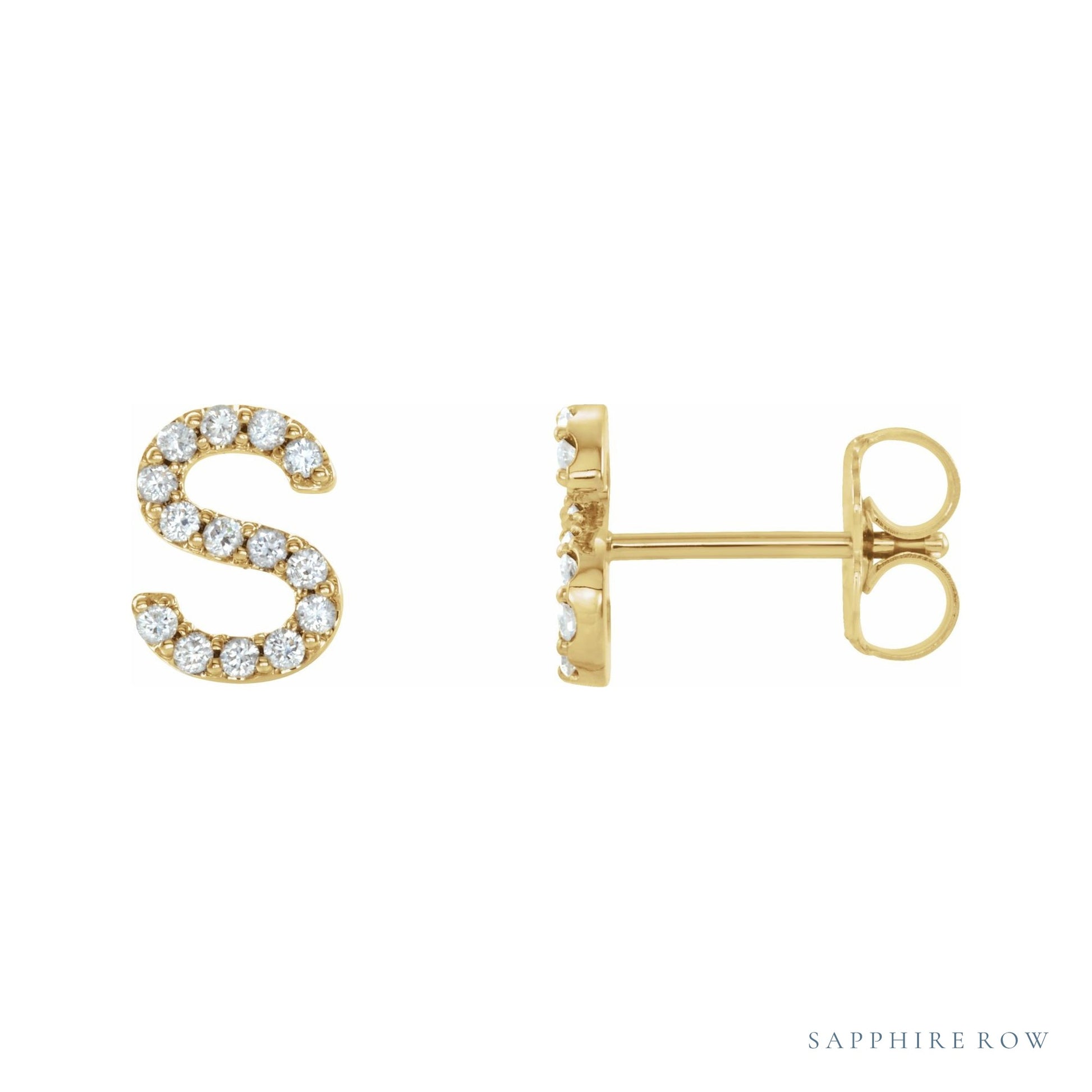 Sapphire Row Natural Diamond Pavé Initial Stud Earrings - S, 14K Yellow Gold