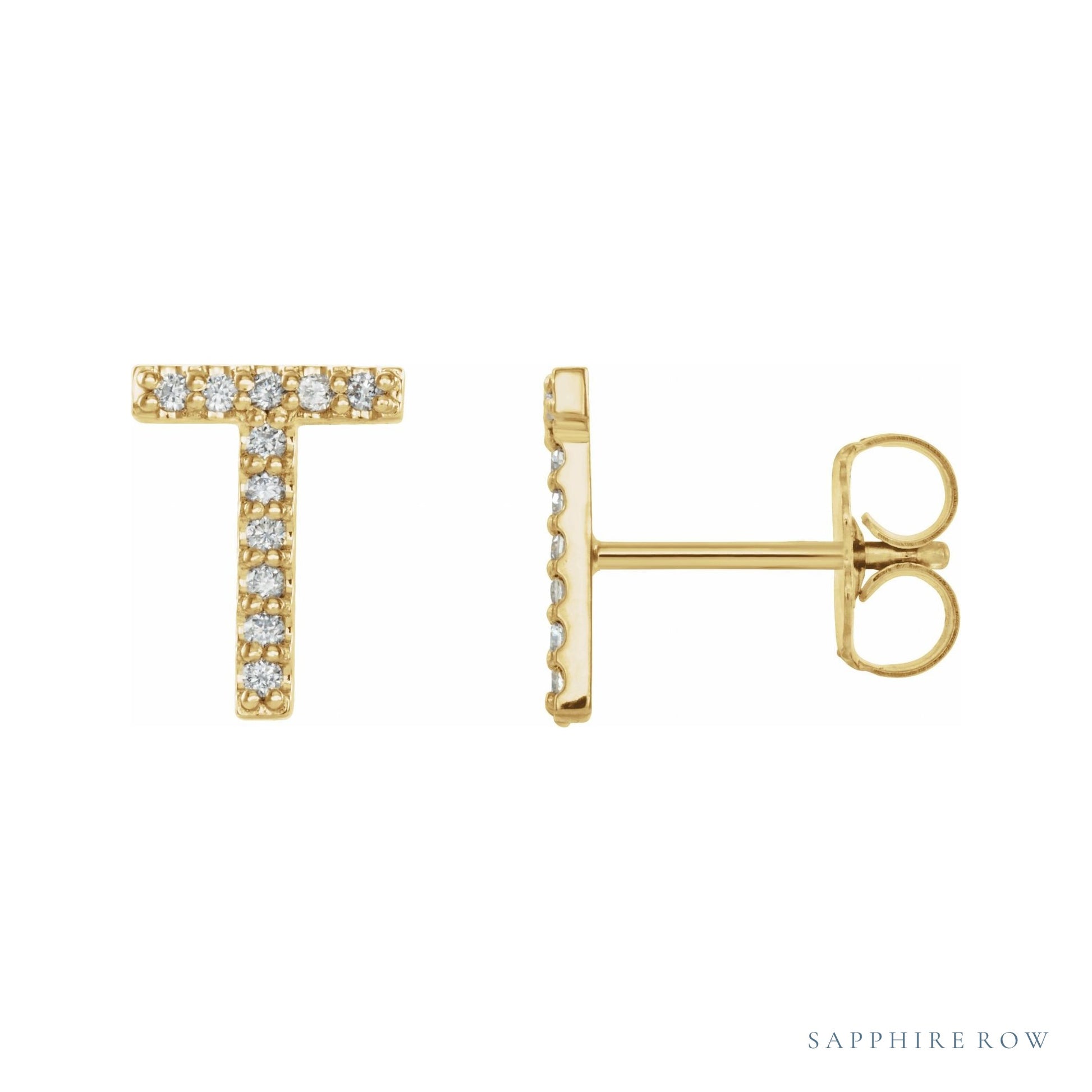 Sapphire Row Natural Diamond Pavé Initial Stud Earrings - T, 14K Yellow Gold