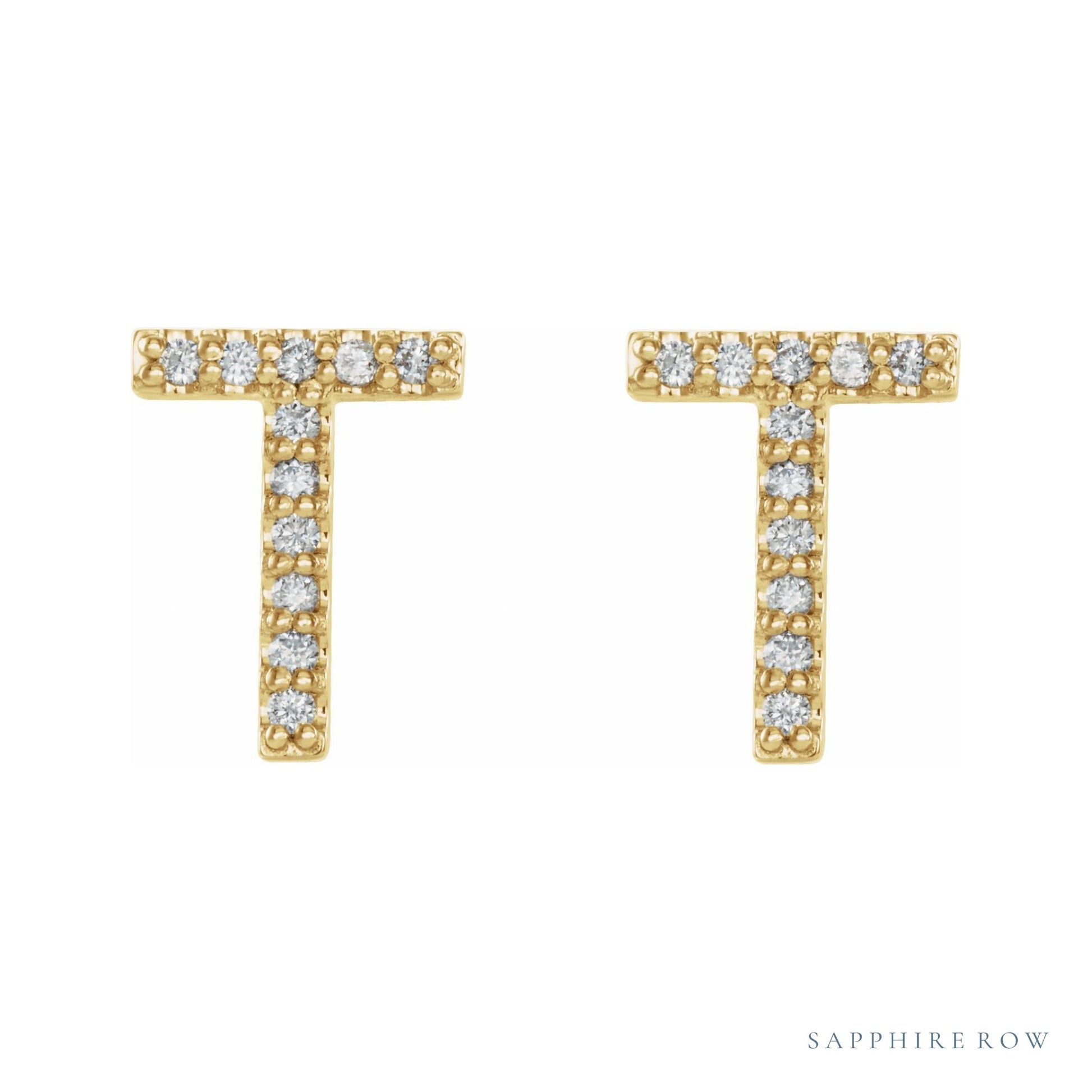 Sapphire Row Natural Diamond Pavé Initial Stud Earrings - T, 14K Yellow Gold (view 2)