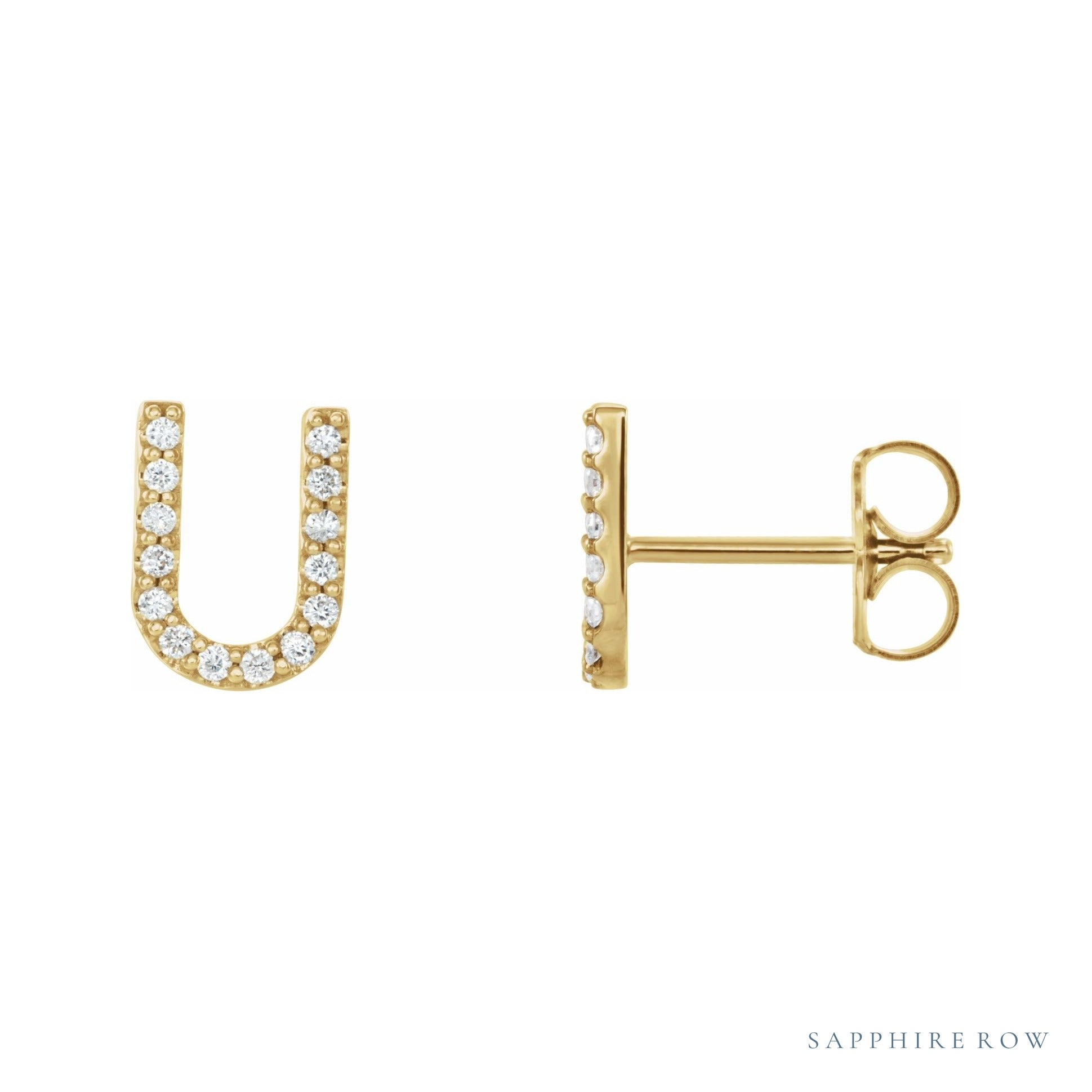 Sapphire Row Natural Diamond Pavé Initial Stud Earrings - U, 14K Yellow Gold