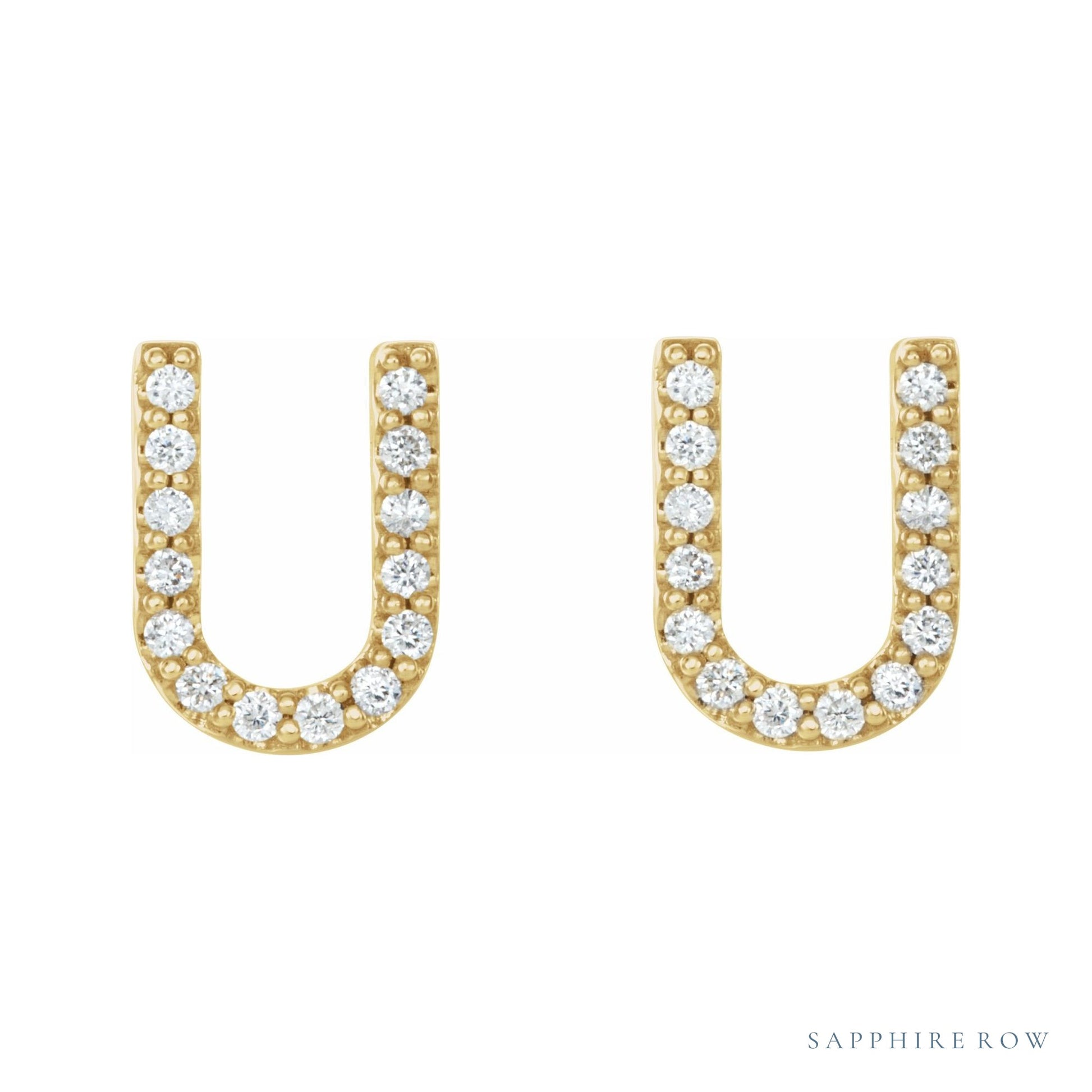Sapphire Row Natural Diamond Pavé Initial Stud Earrings - U, 14K Yellow Gold (view 2)