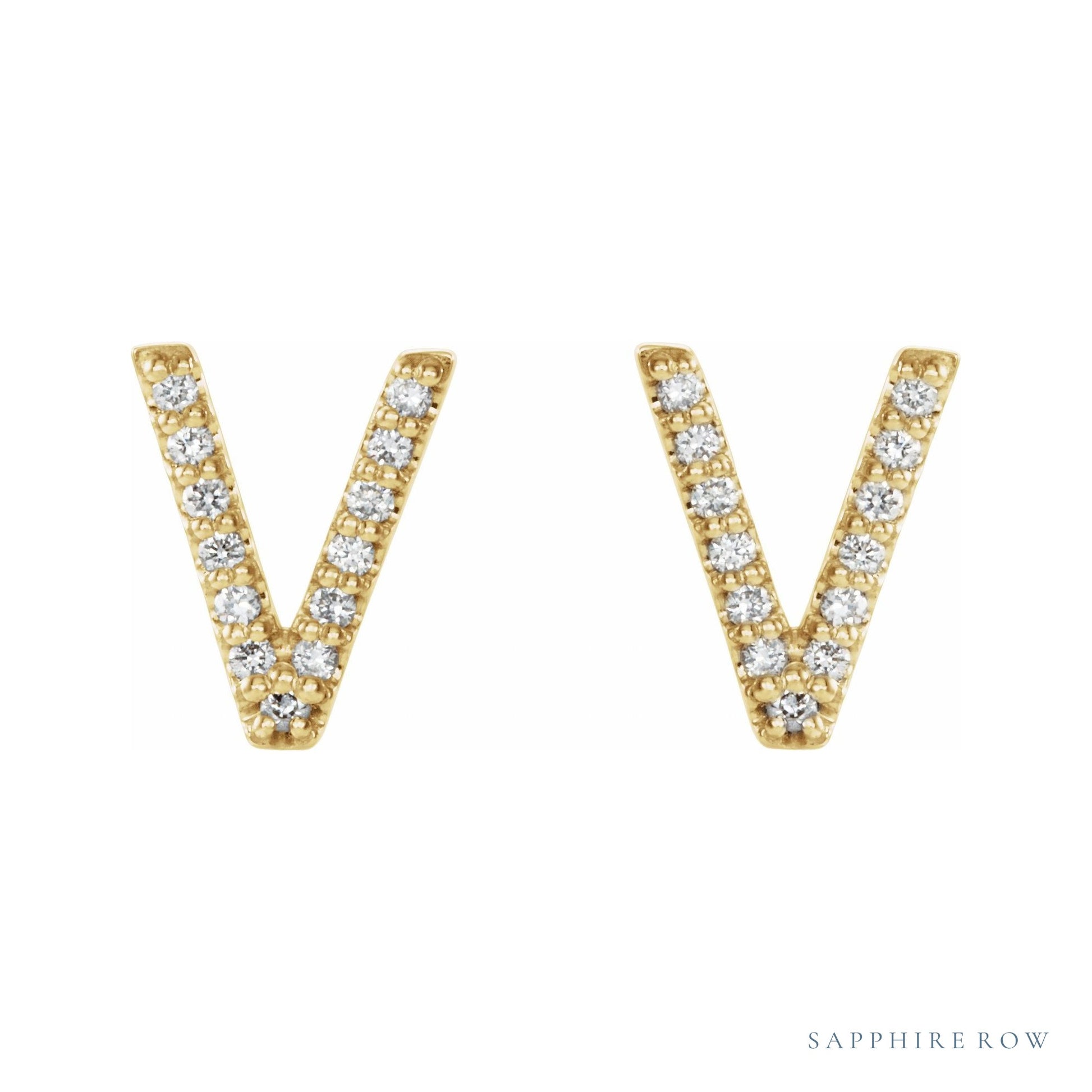 Sapphire Row Natural Diamond Pavé Initial Stud Earrings - V, 14K Yellow Gold