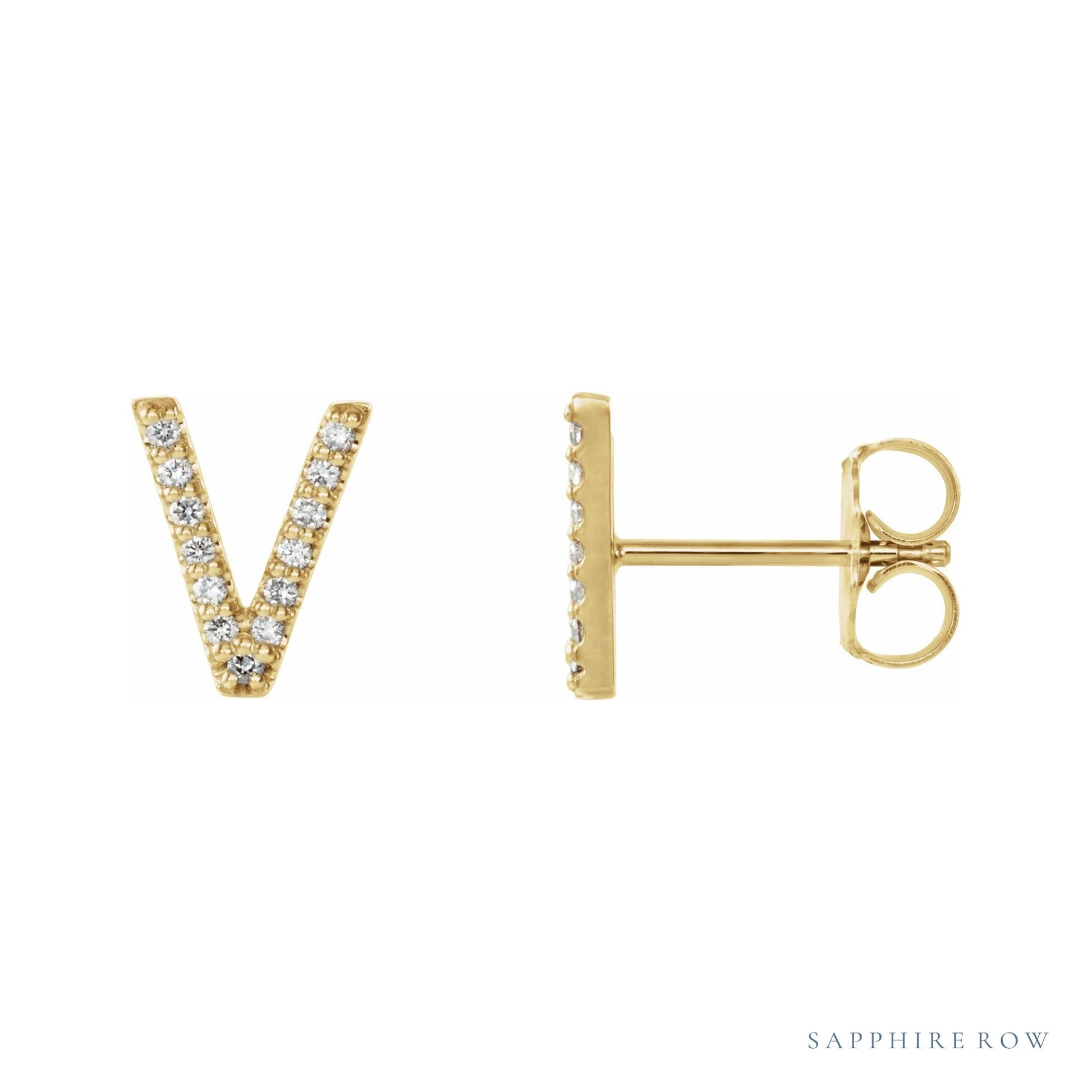 Sapphire Row Natural Diamond Pavé Initial Stud Earrings - V, 14K Yellow Gold (view 2)