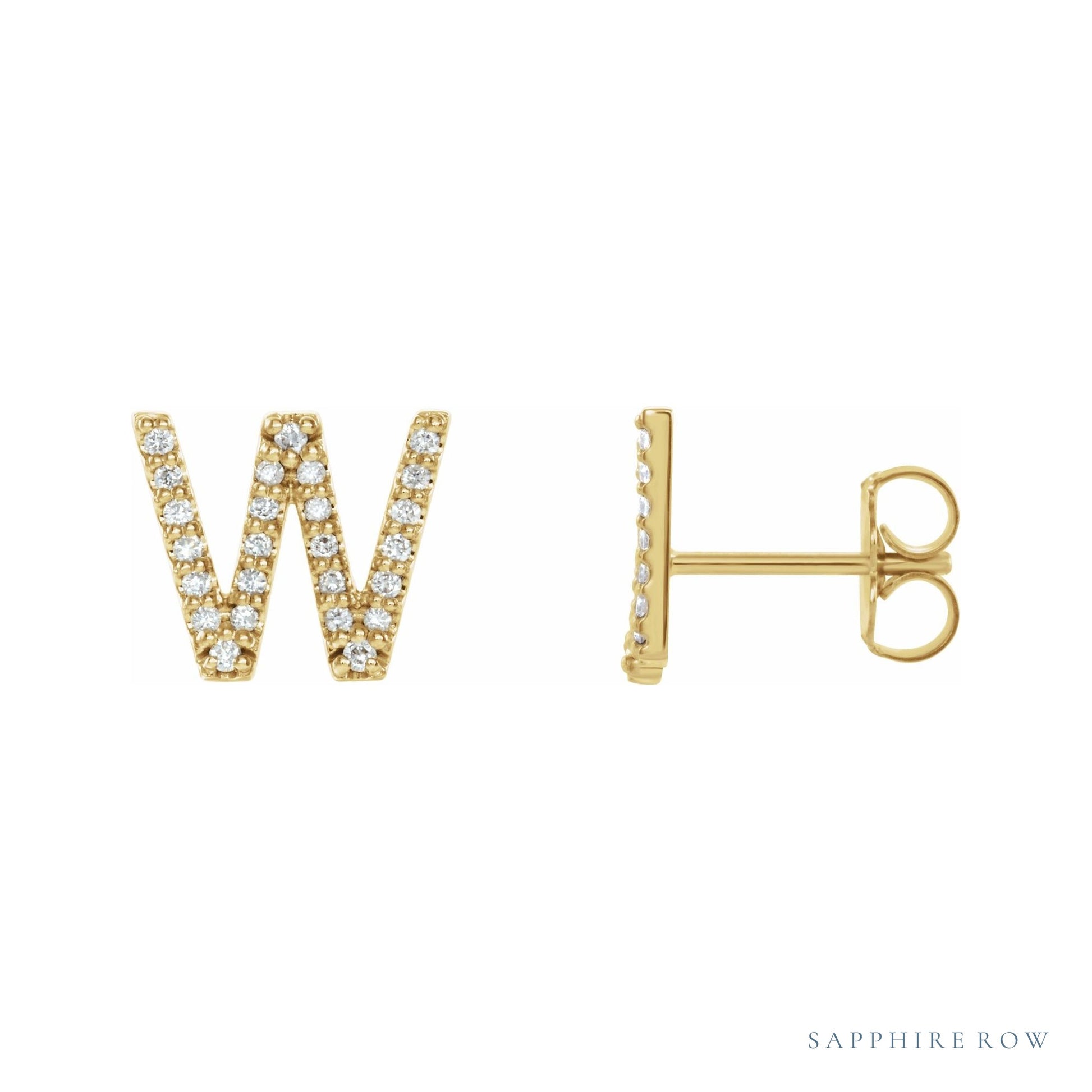 Sapphire Row Natural Diamond Pavé Initial Stud Earrings - W, 14K Yellow Gold