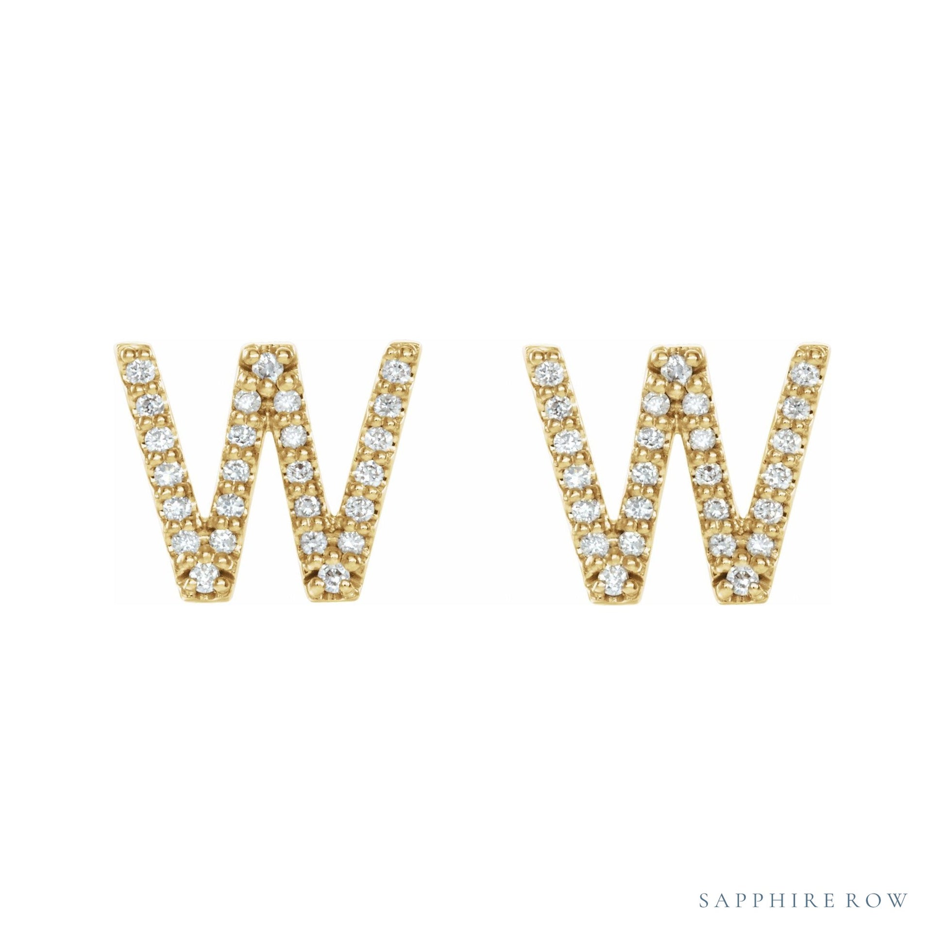 Sapphire Row Natural Diamond Pavé Initial Stud Earrings - W, 14K Yellow Gold (view 2)