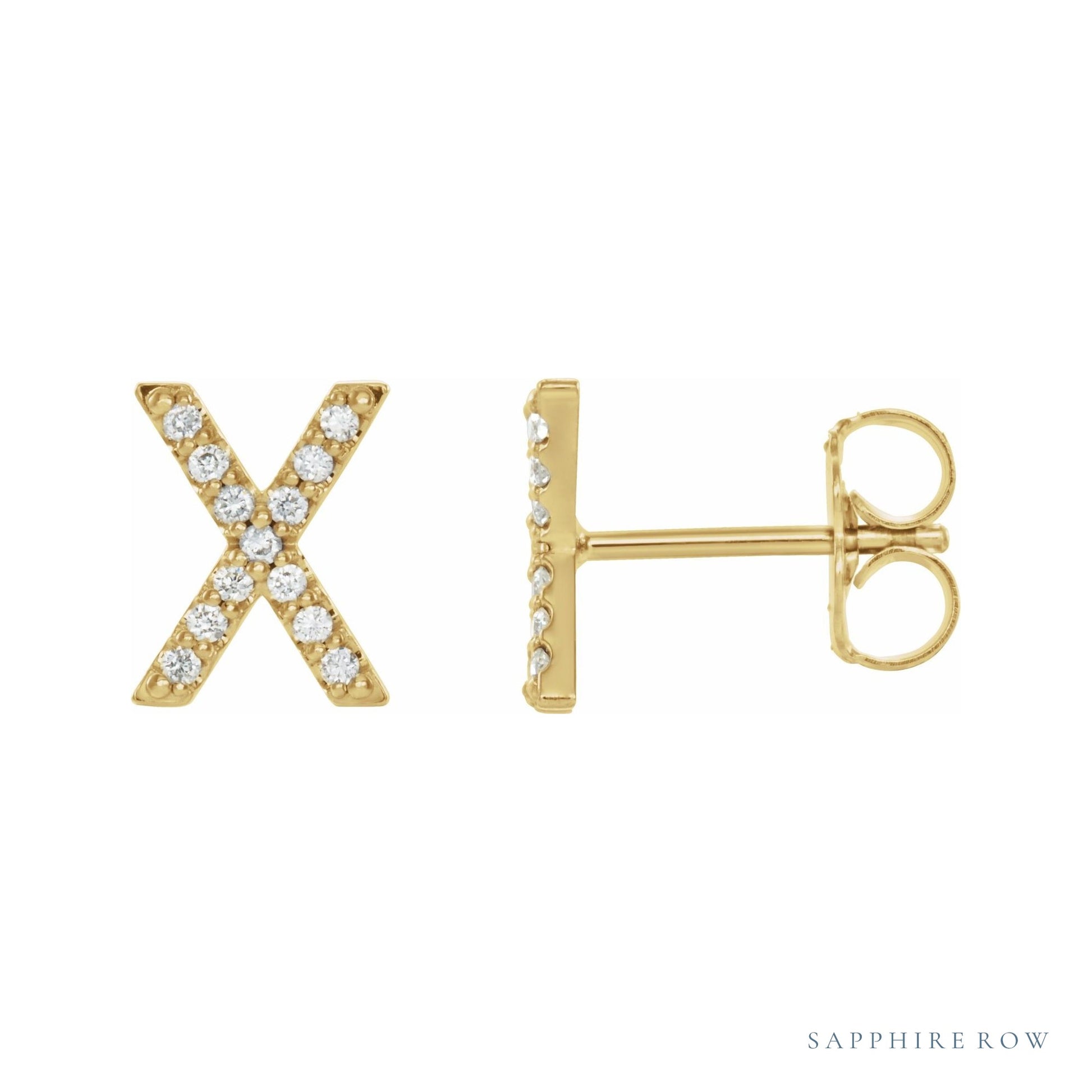 Sapphire Row Natural Diamond Pavé Initial Stud Earrings - X, 14K Yellow Gold