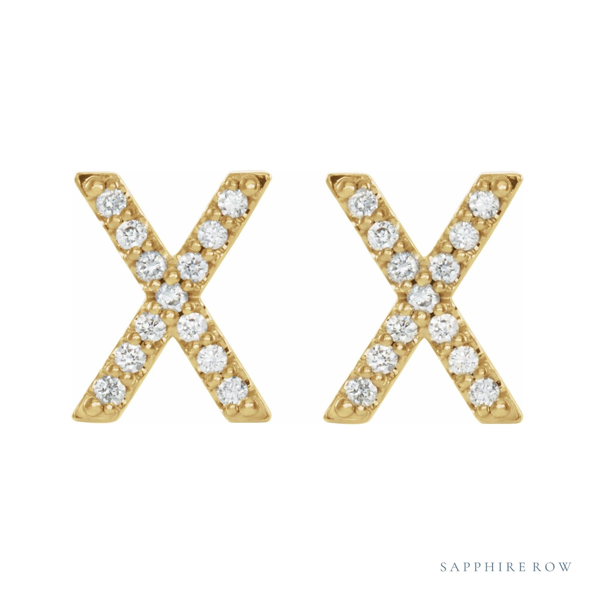Sapphire Row Natural Diamond Pavé Initial Stud Earrings - X, 14K Yellow Gold (view 2)