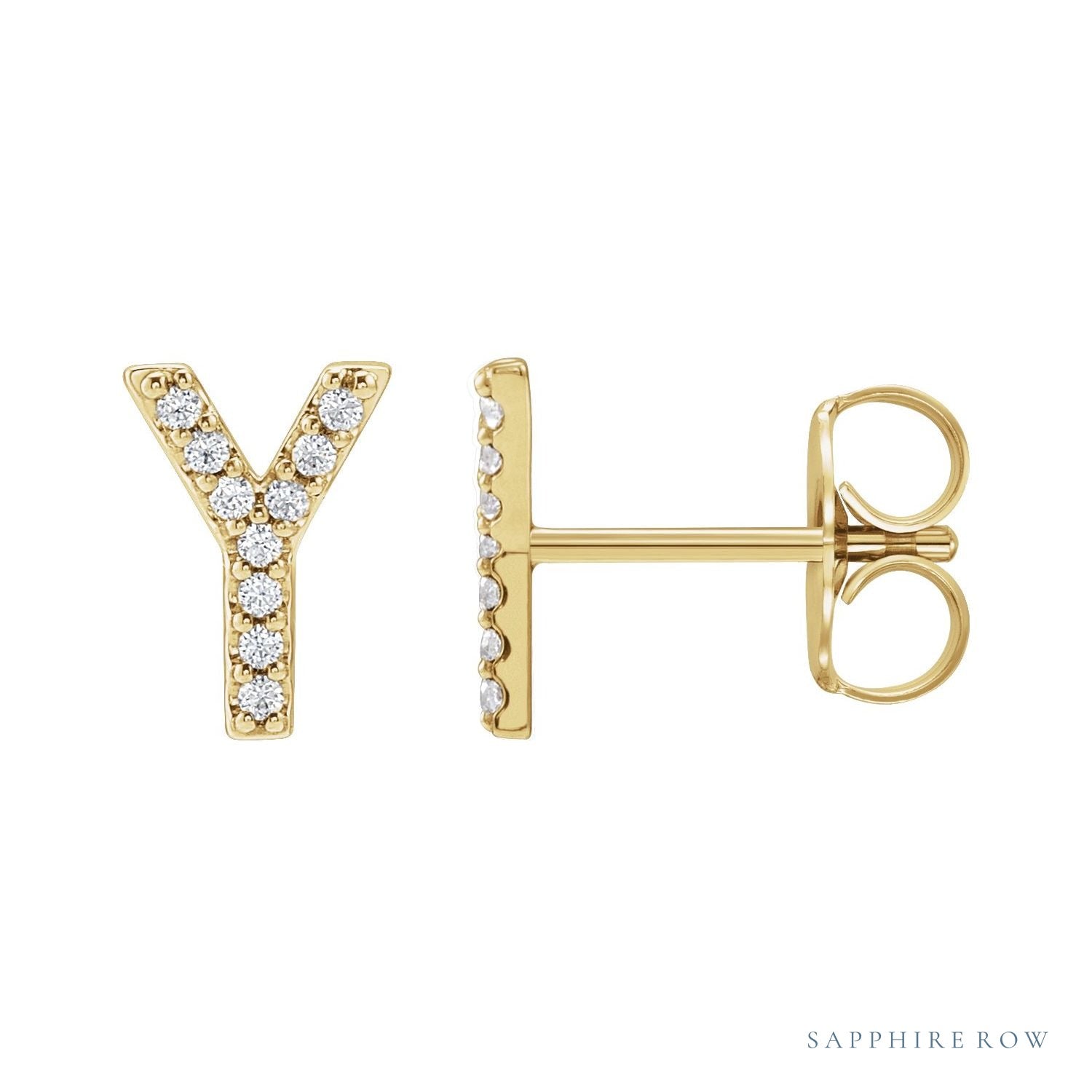 Sapphire Row Natural Diamond Pavé Initial Stud Earrings - Y, 14K Yellow Gold