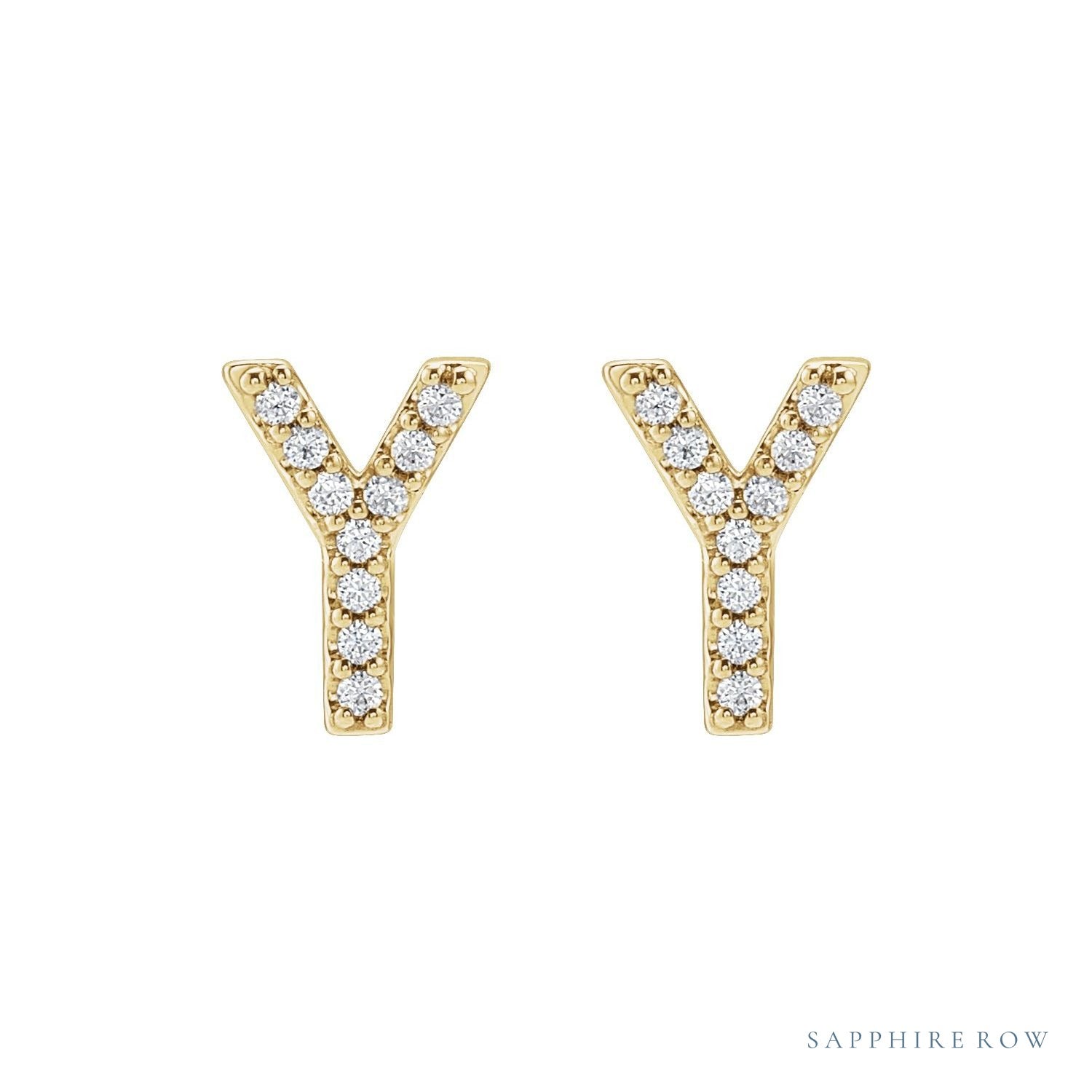 Sapphire Row Natural Diamond Pavé Initial Stud Earrings - Y, 14K Yellow Gold (view 2)