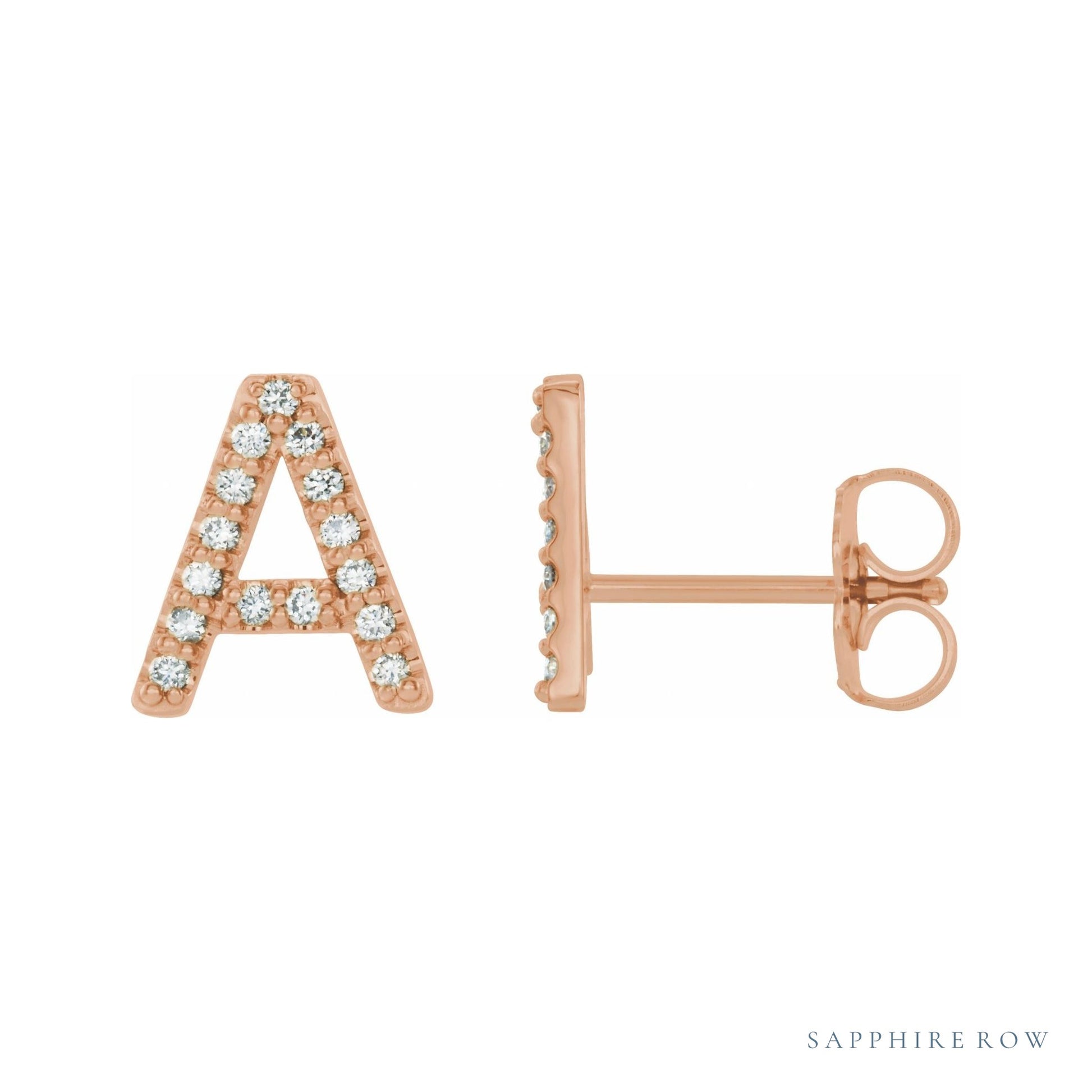Sapphire Row Natural Diamond Pavé Initial Stud Earrings - A, 14K Rose Gold