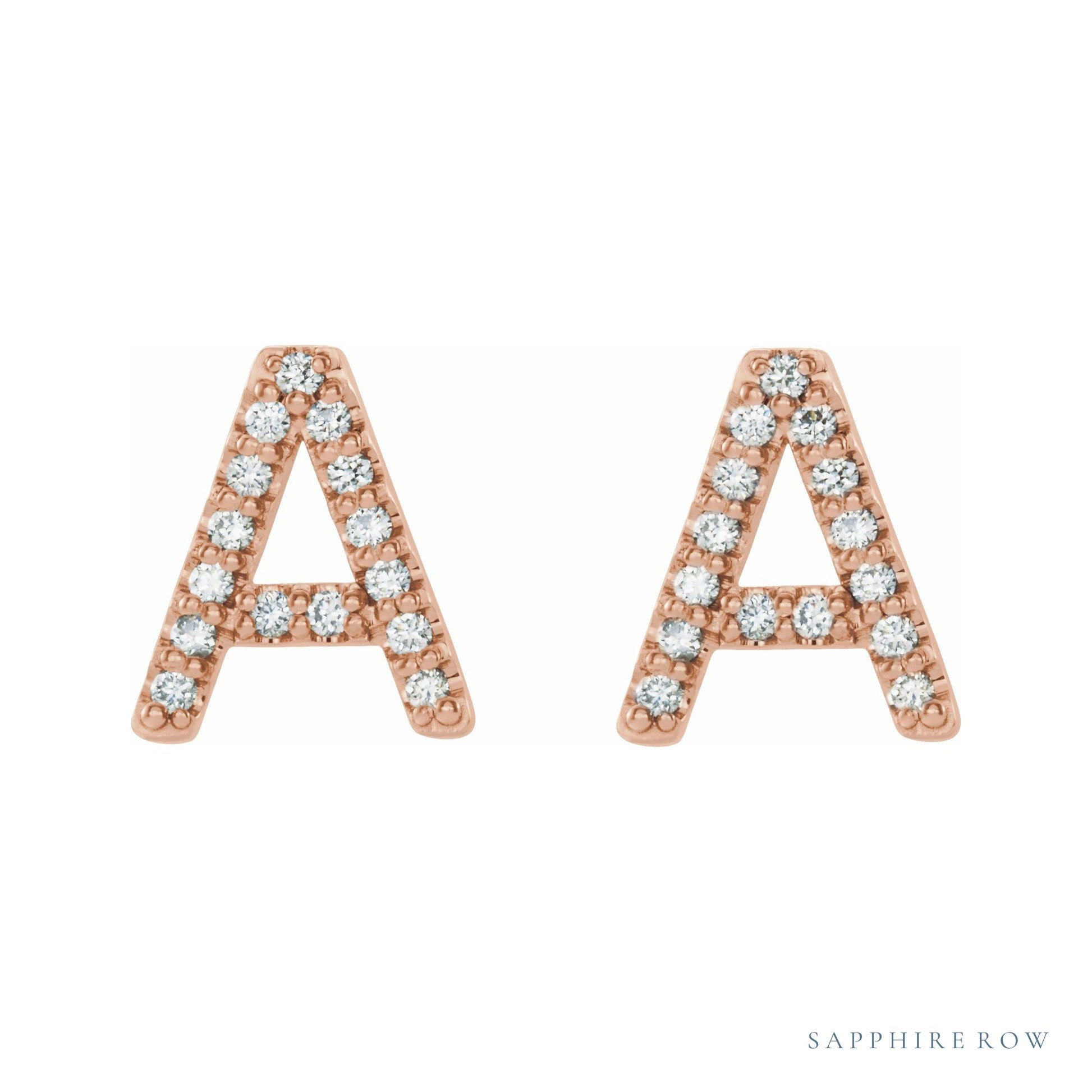 Sapphire Row Natural Diamond Pavé Initial Stud Earrings - A, 14K Rose Gold (view 2)