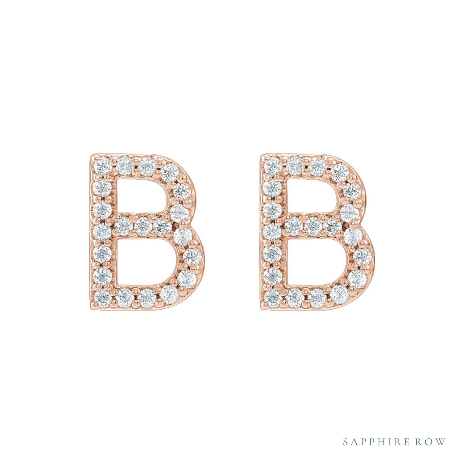 Sapphire Row Natural Diamond Pavé Initial Stud Earrings - B, 14K Rose Gold (view 2)