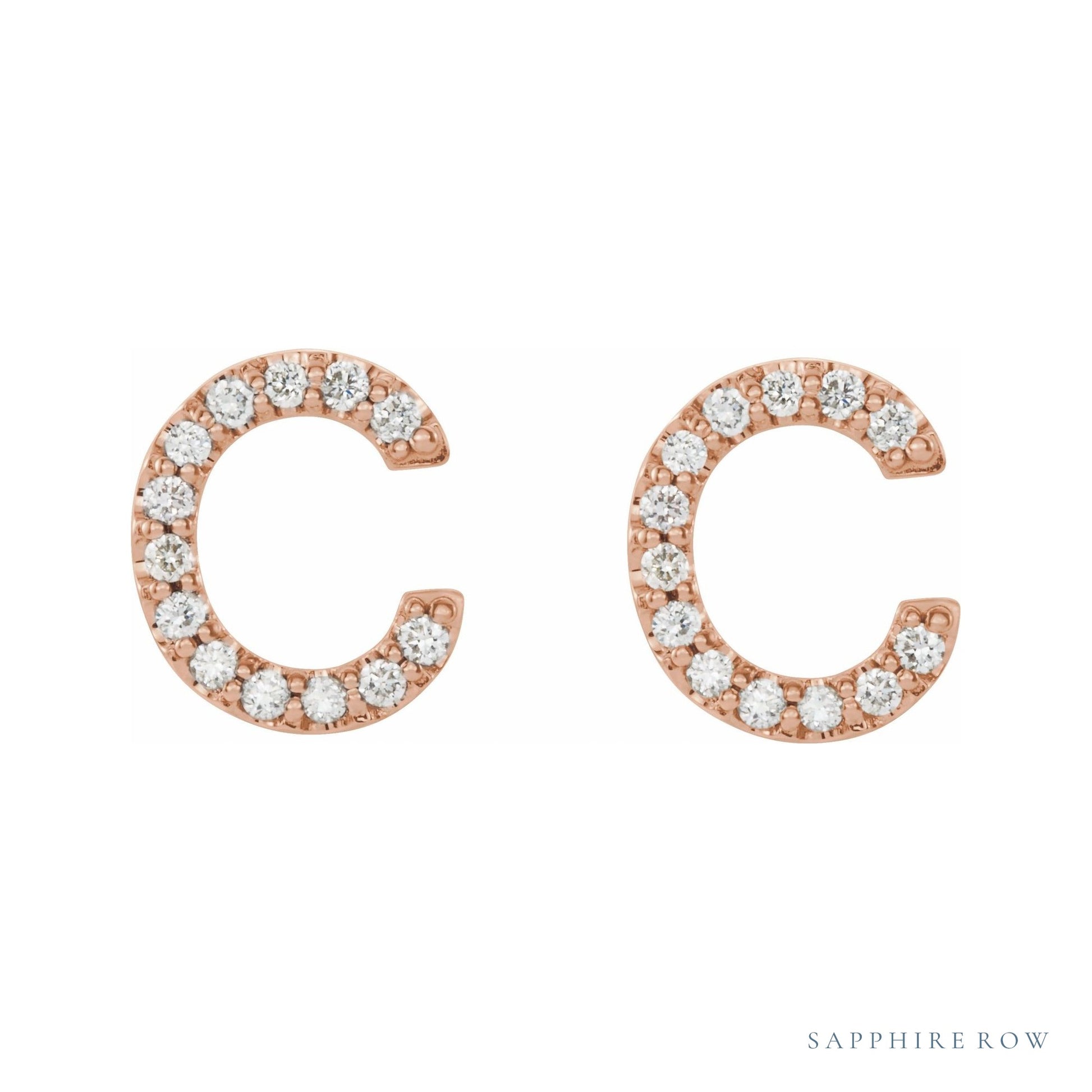 Sapphire Row Natural Diamond Pavé Initial Stud Earrings - C, 14K Rose Gold (view 2)
